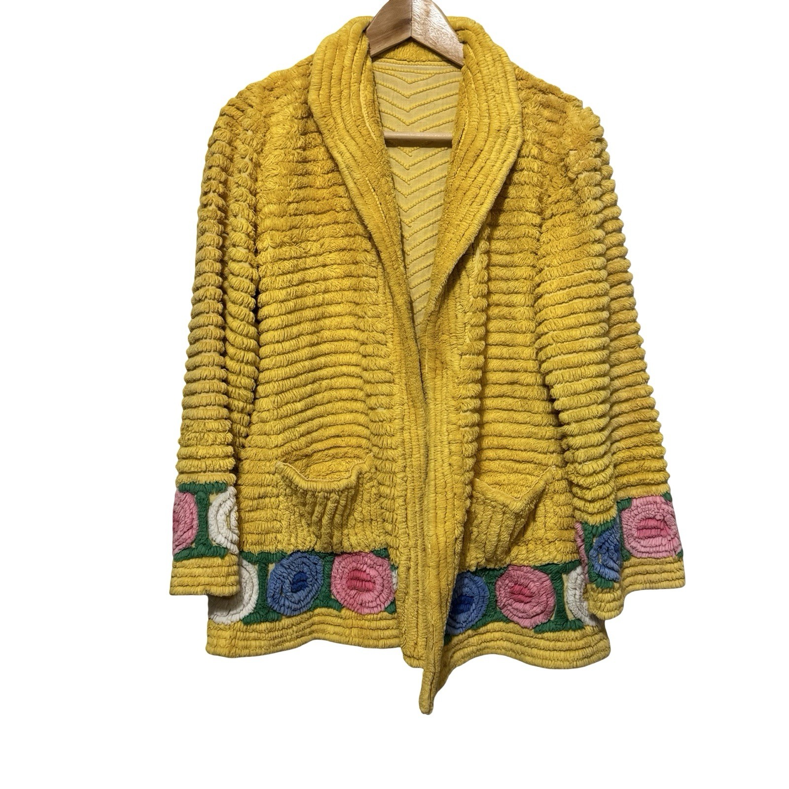 Vintage 1930s Chenille Floral Yellow Jacket short robe coverup size Small