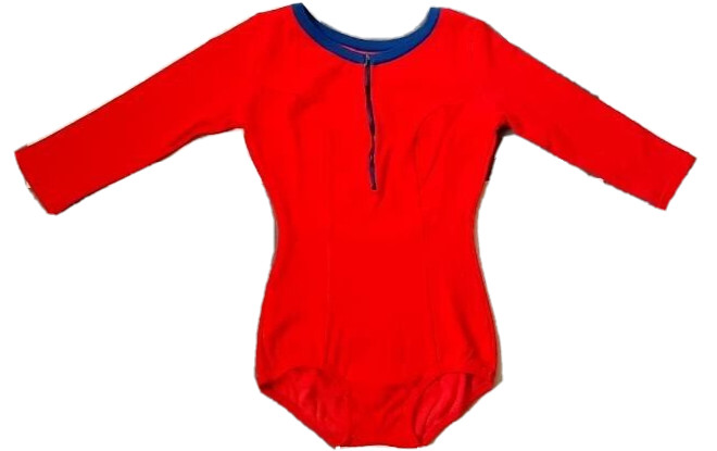 Vintage Female Sports Knitted Red Swimsuit with 3/4 Sleeves for Rhythmic Gymnas.