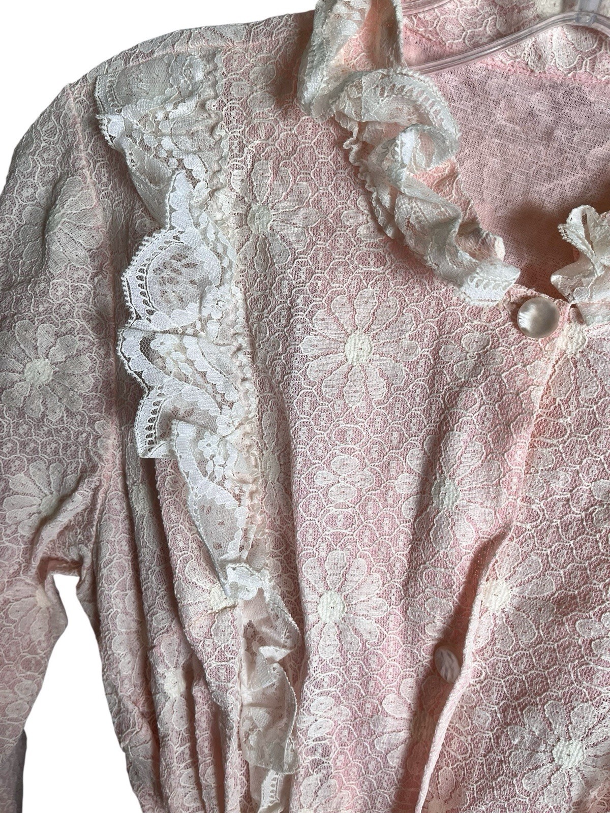 Vtg 60’s-80’s Lace Overlay Pink Button Front Ribbon Waist Gown Movie Star Inc