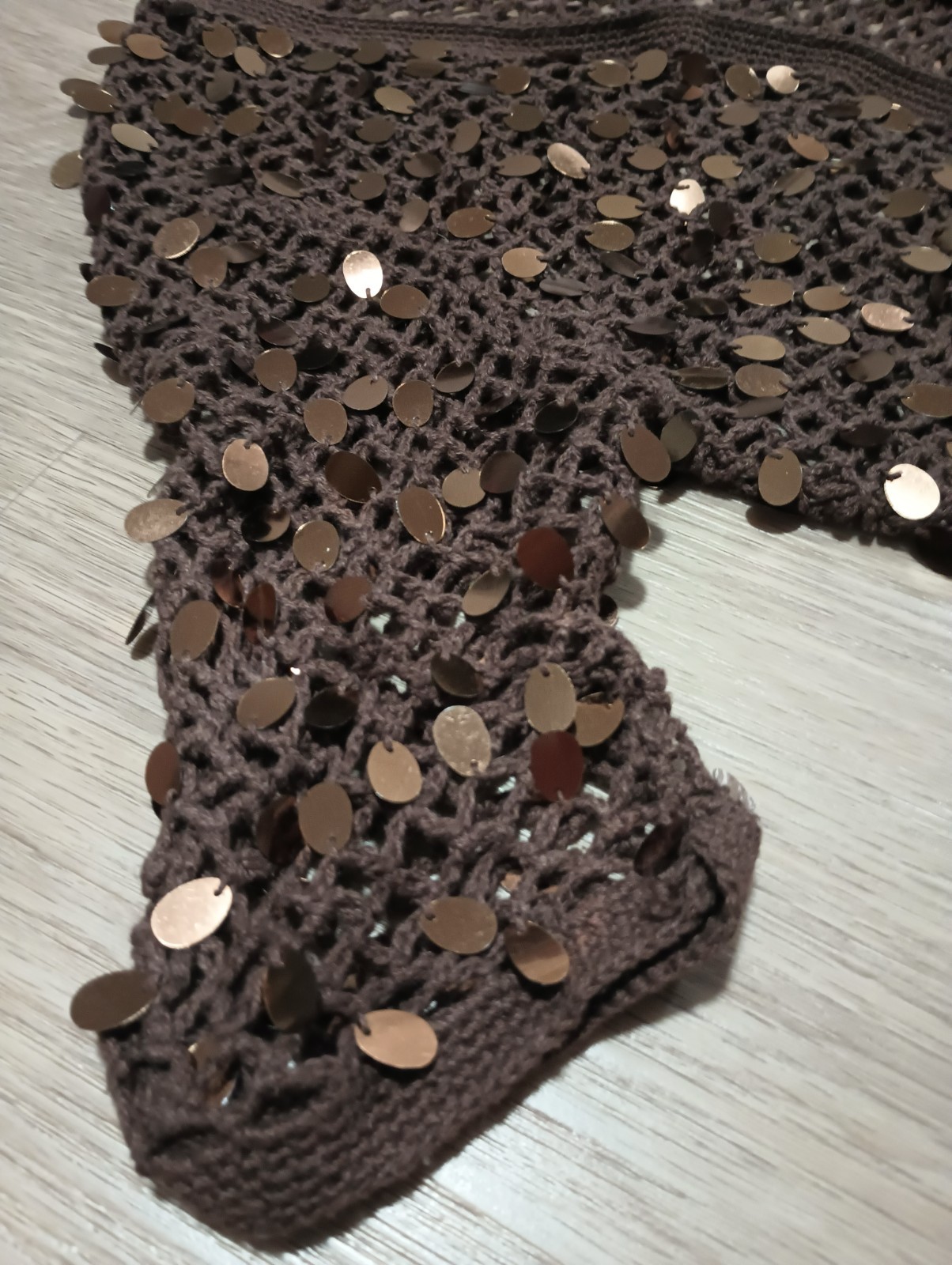 Vtg 90s Open Knit Stretch Brown Sequin Sparkle Open Bolero Cropped Jacket Top S