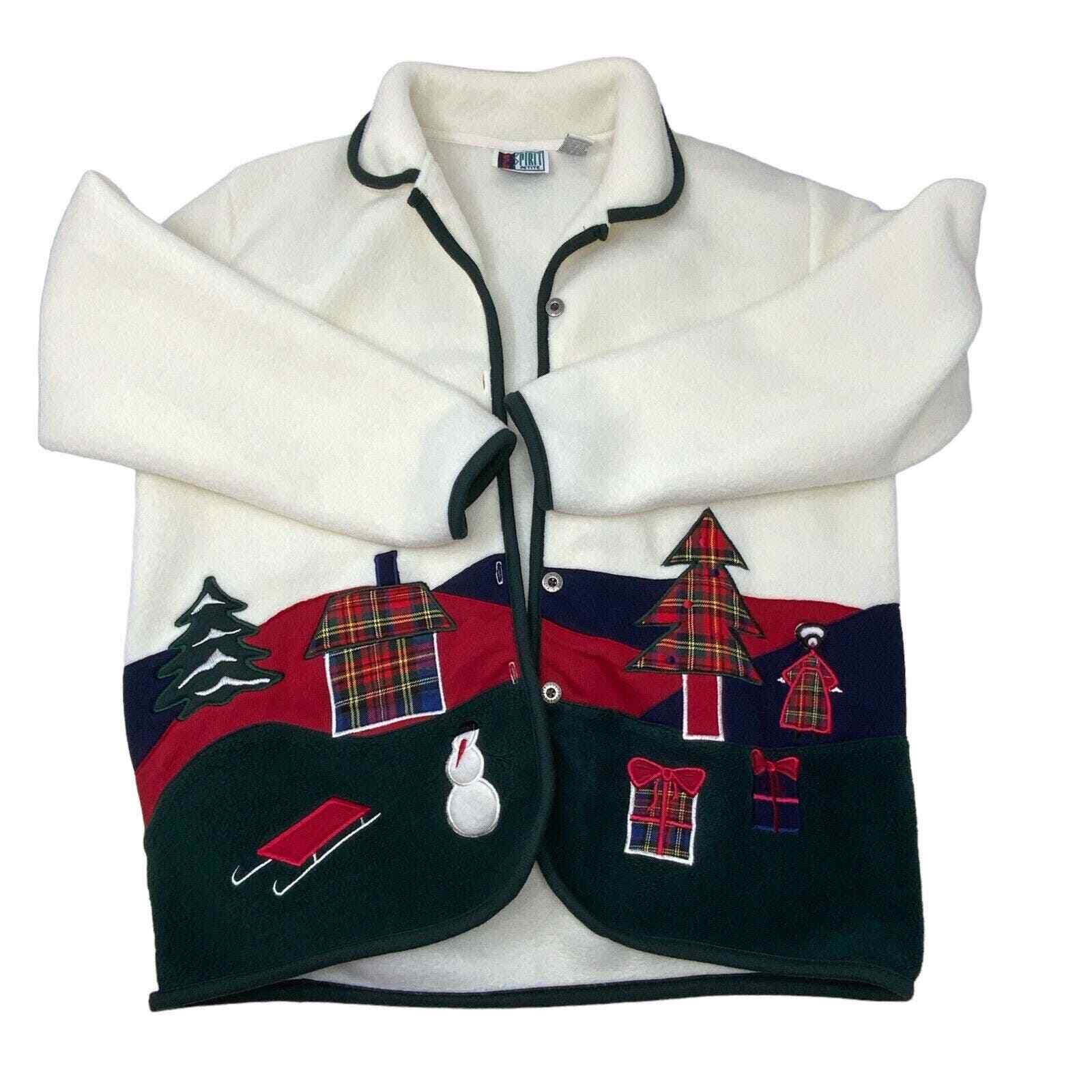 Vintage Bold Spirit Womens Medium Petite Cardigan Sweater Christmas Snow Fleece