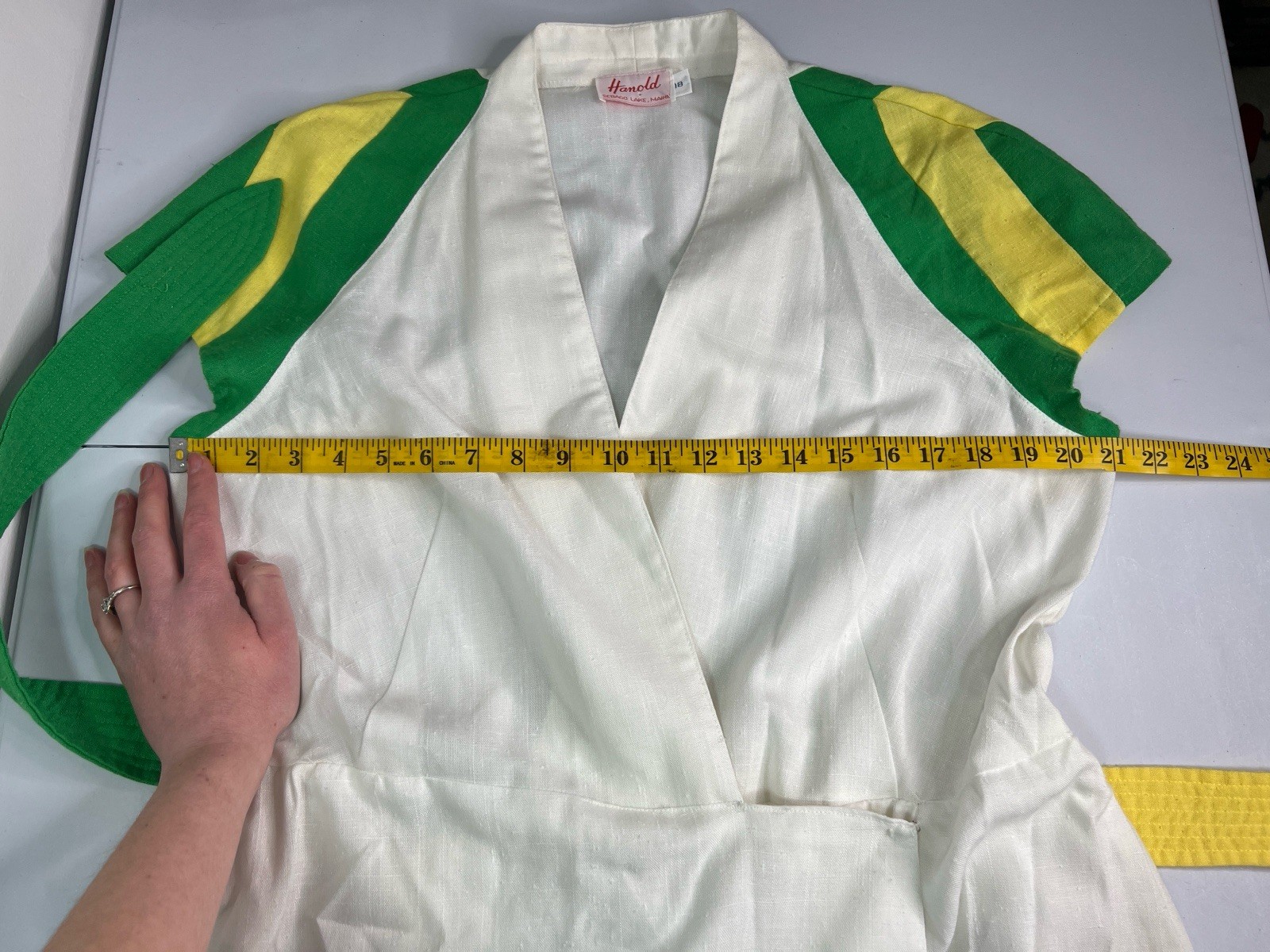 Vintage 60’s White Wrap Dress Green Yellow Striped Sleeves Belted Tag Sz 18