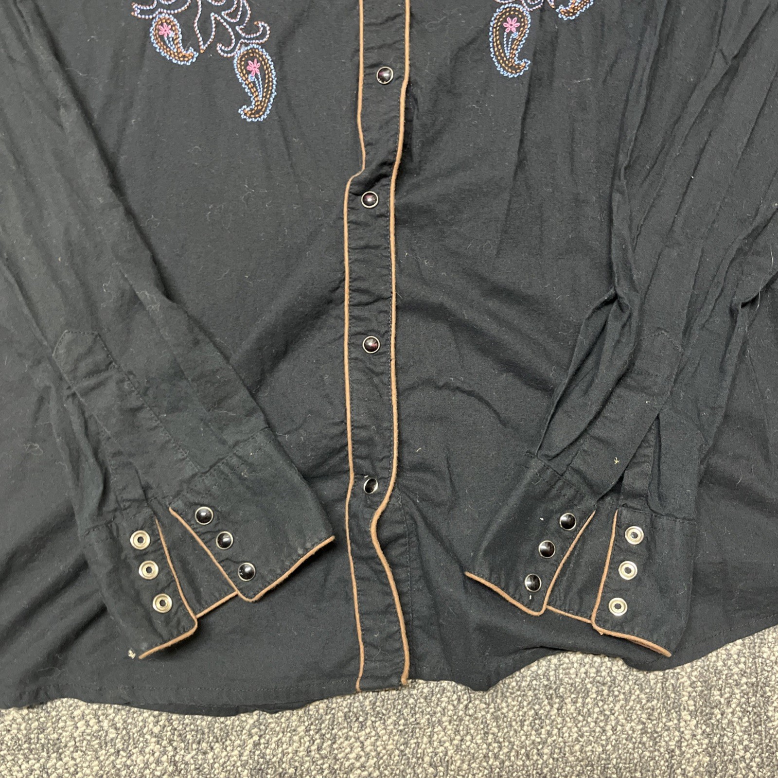Vintage Wrangler Blues Western Snap Button Womens Youth Size XL Black Shirt