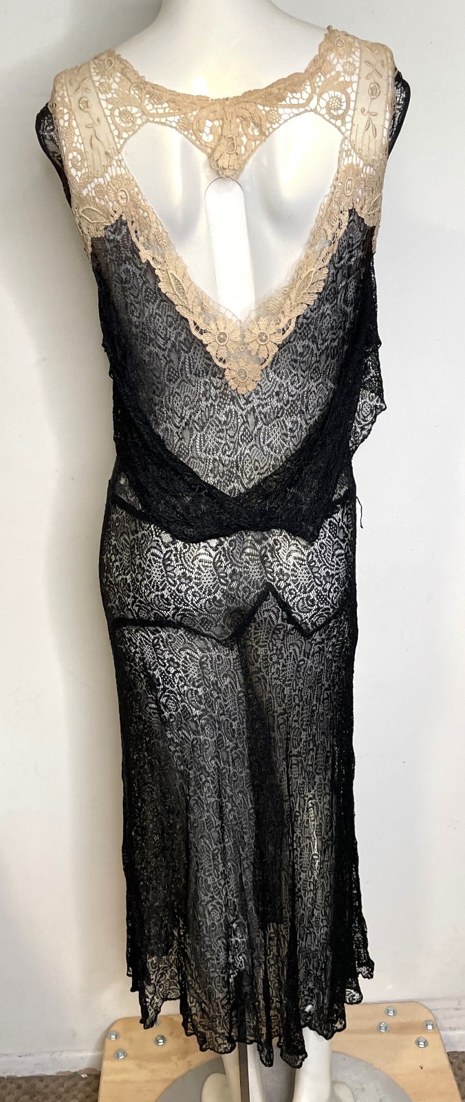 Antique 20s 30s Black Lace Art Deco Dress S M 3-in-1 Sleeveless Midi Fitted