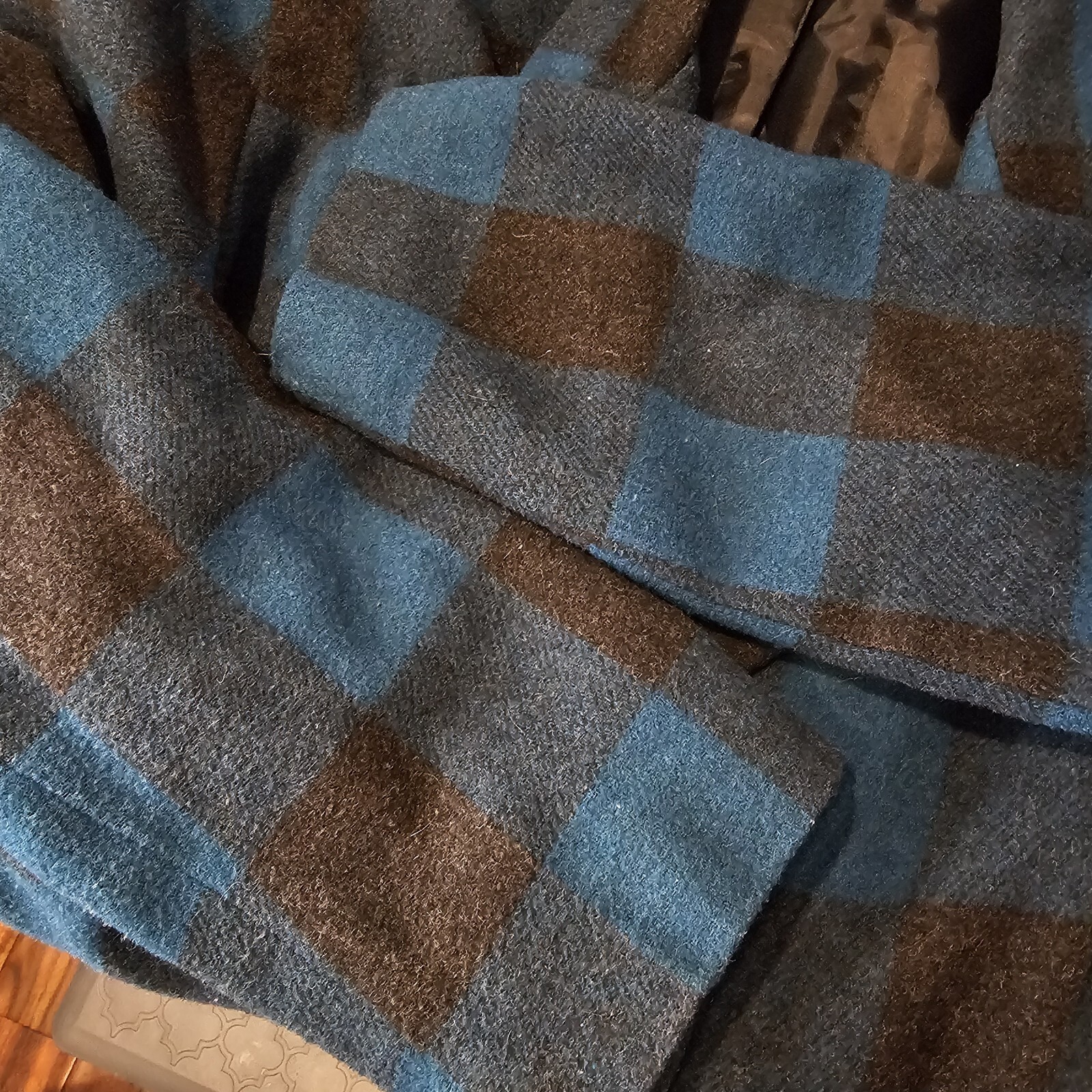 80s 90s Wool Blend Plaid Checkered Teal Blue Dark Gray Blazer Boyfriend Fit M/L
