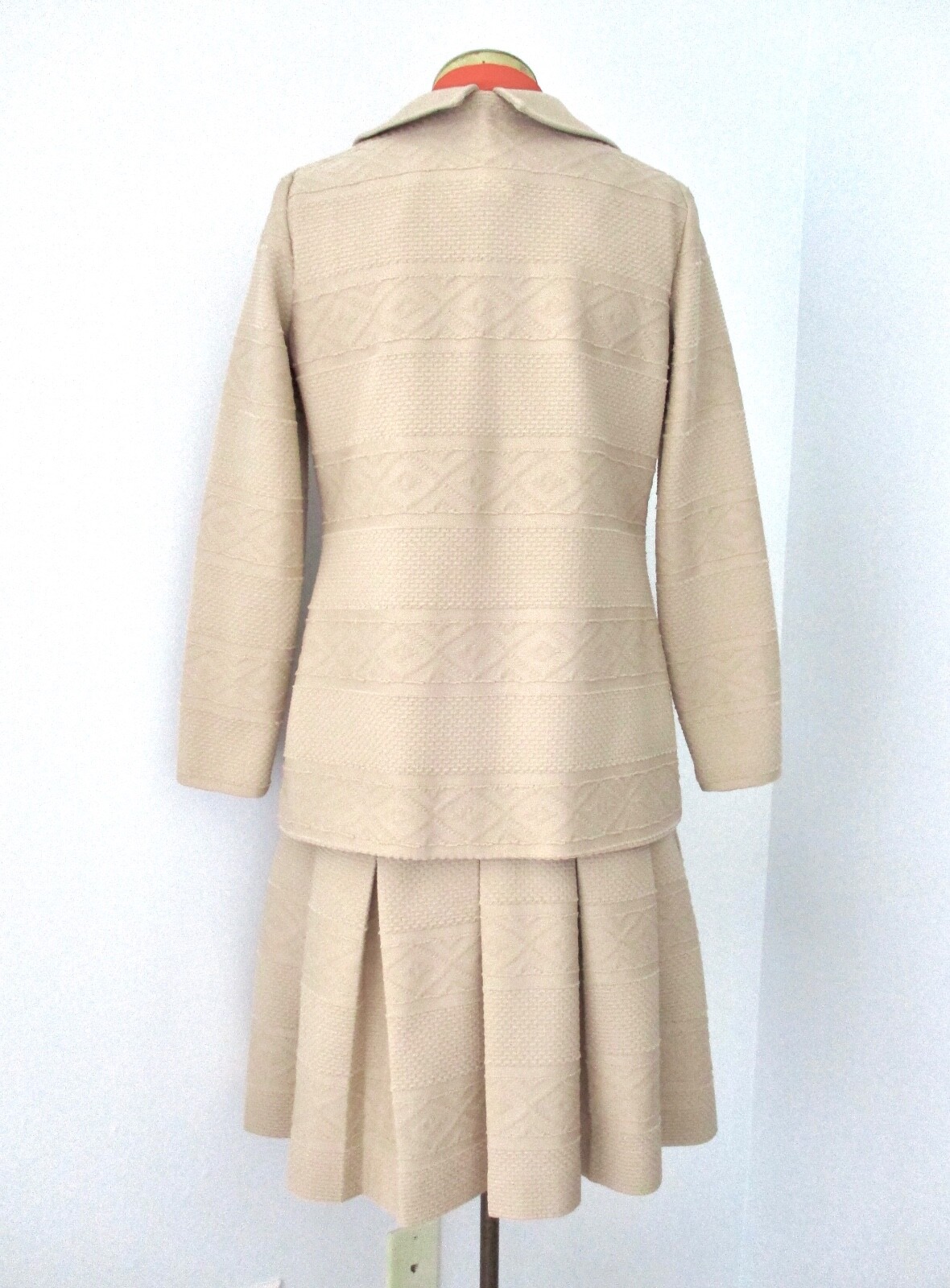 Vtg 60s 70s Mod Beige Poly Knit 2-Pc Drop Waist Dress Jacket Secretary Suit 12