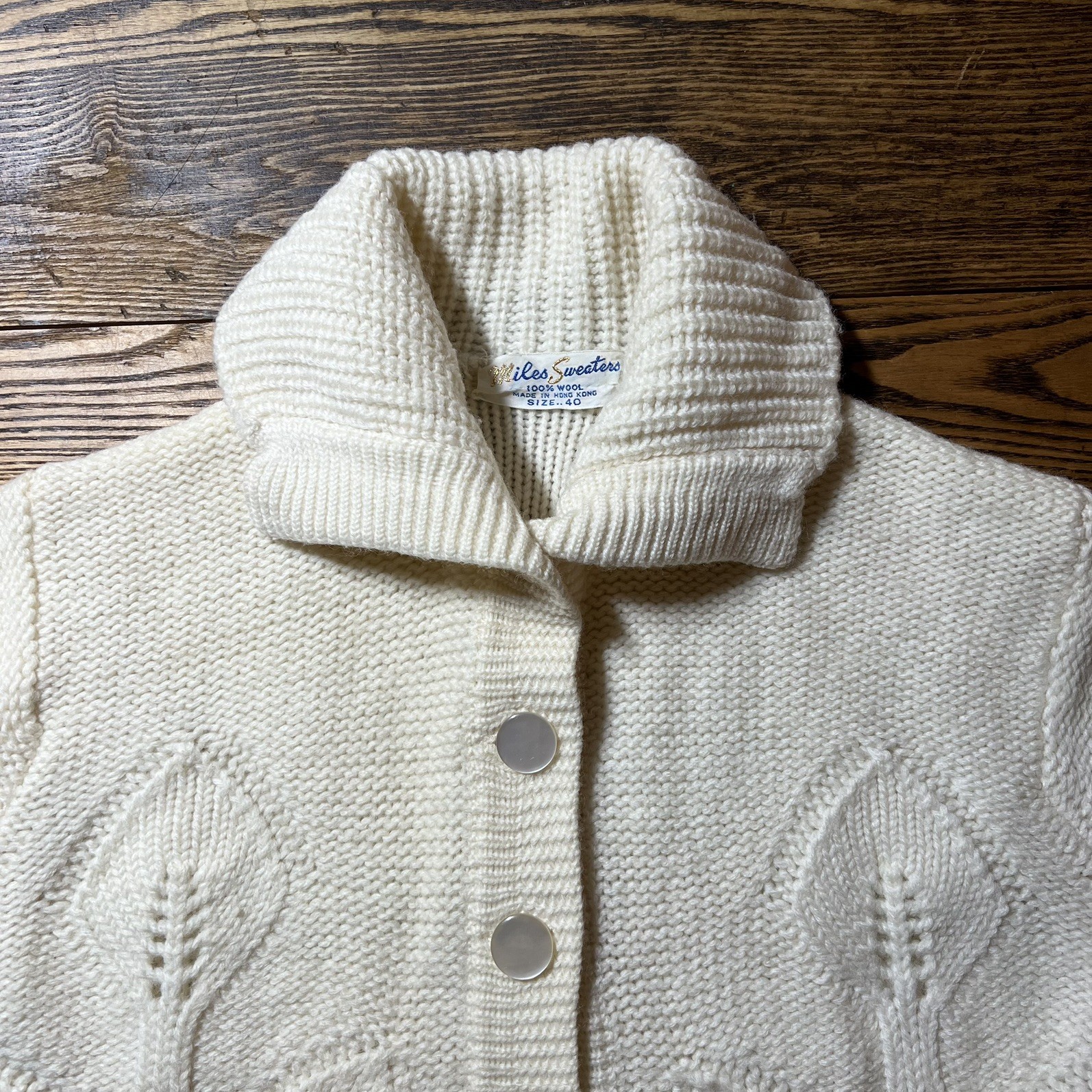 Vintage 60s Miles Sweaters Leaf Pattern Knit Cardigan Shawl Collar Wool Sweater