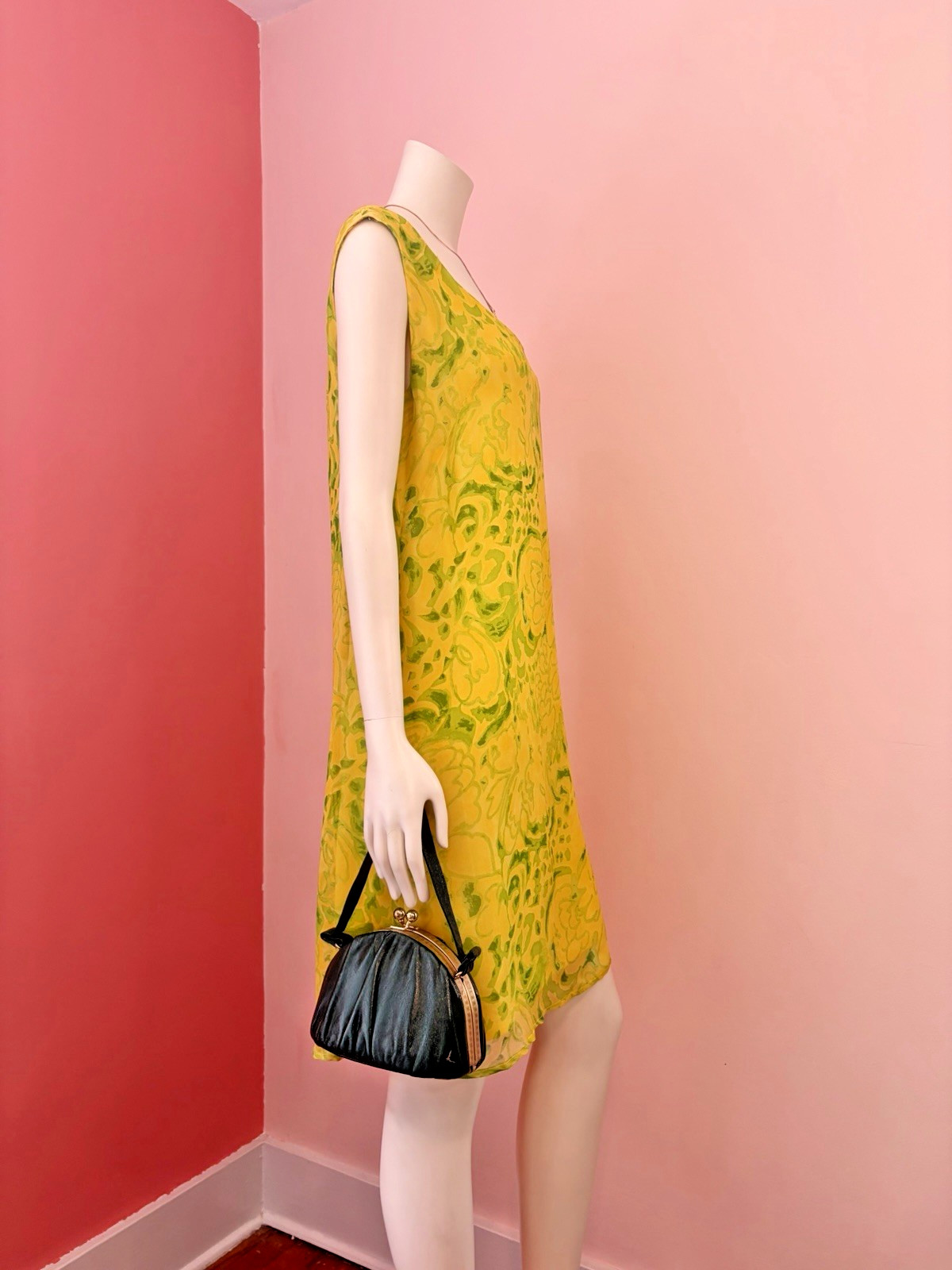 VTG 60s Mod Shift Dress abstract Yellow Green Floral Print chiffon A-Line S/M