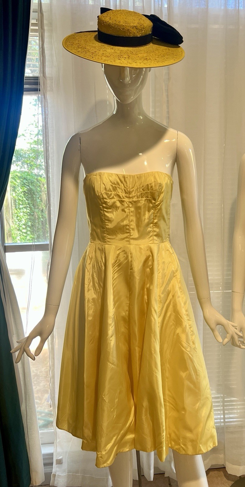 Vintage Buttercream Lined Yellow Strapless Satin Darted Boned Bust Circle Dress