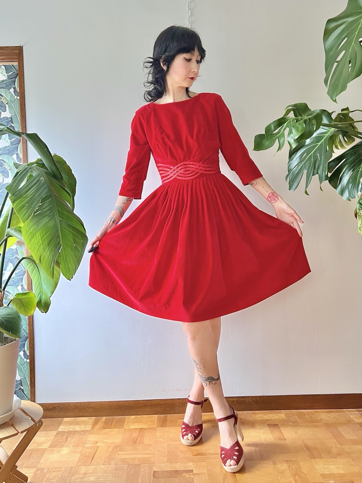 VTG 50s Carol Brent Red Velveteen Cocktail Dress XS/S Rockabilly