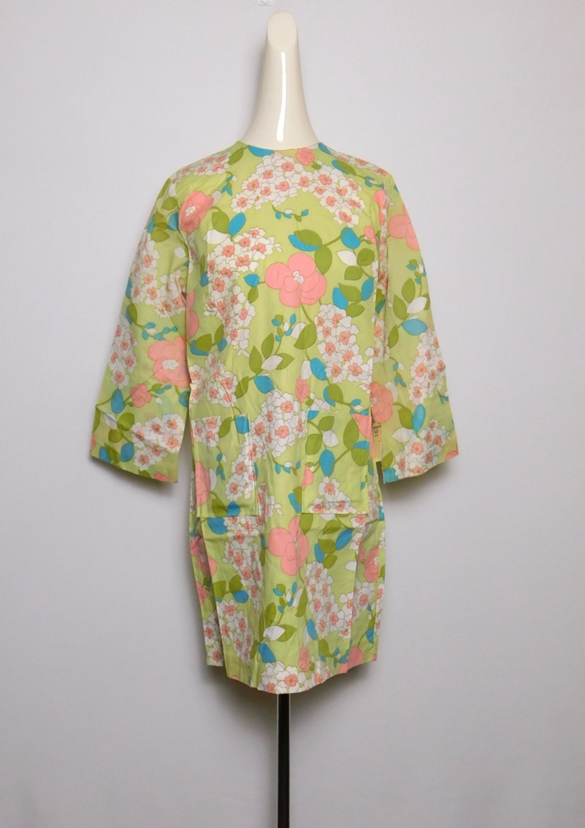 NWT Vintage Women&rsquo;s 1960s Celadon Green Floral Cotton Blend Shift Dress 15/16