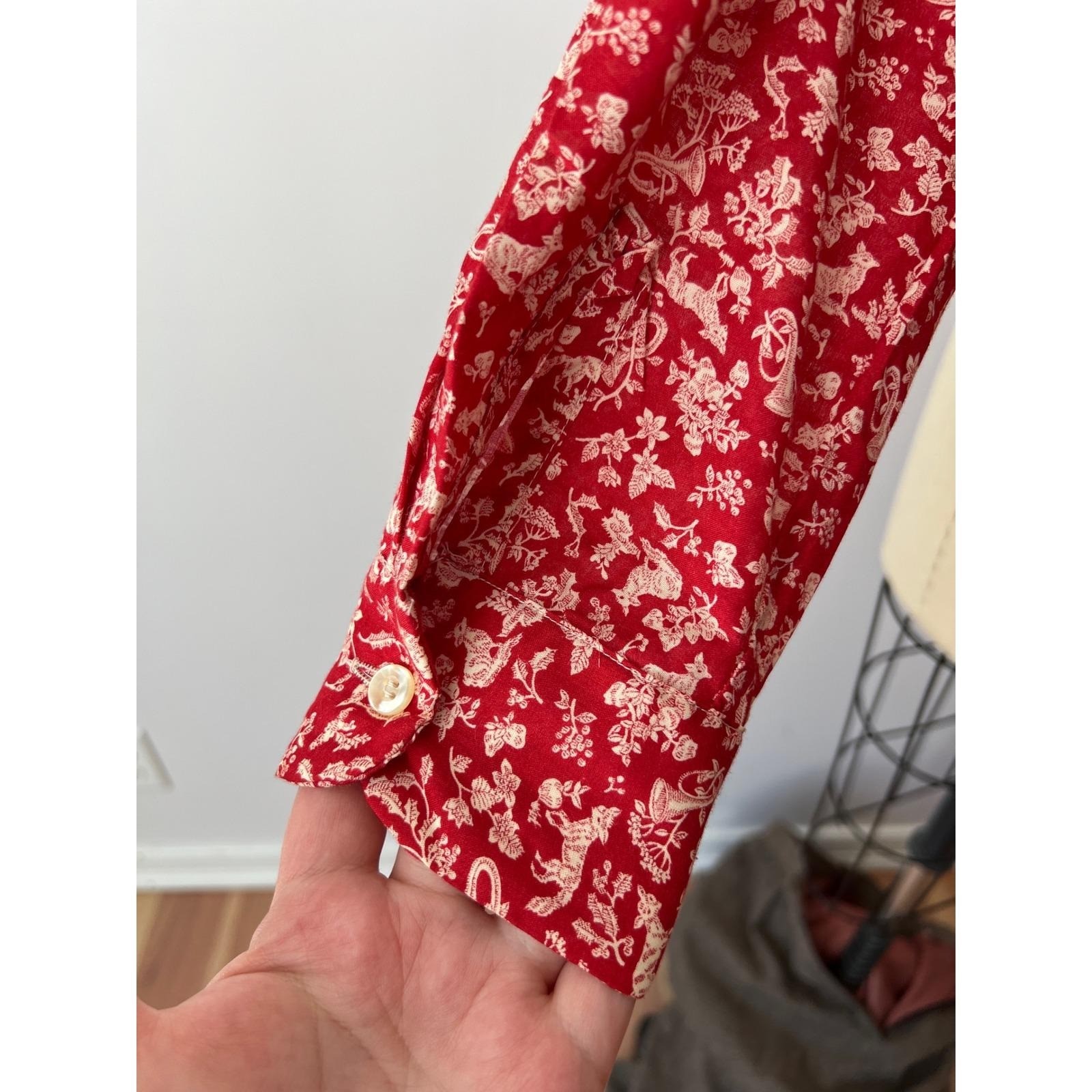 SIZE S Fox Print Toile Blouse, Pintuck Peter Pan Collar Long Sleeve Cotton Shirt