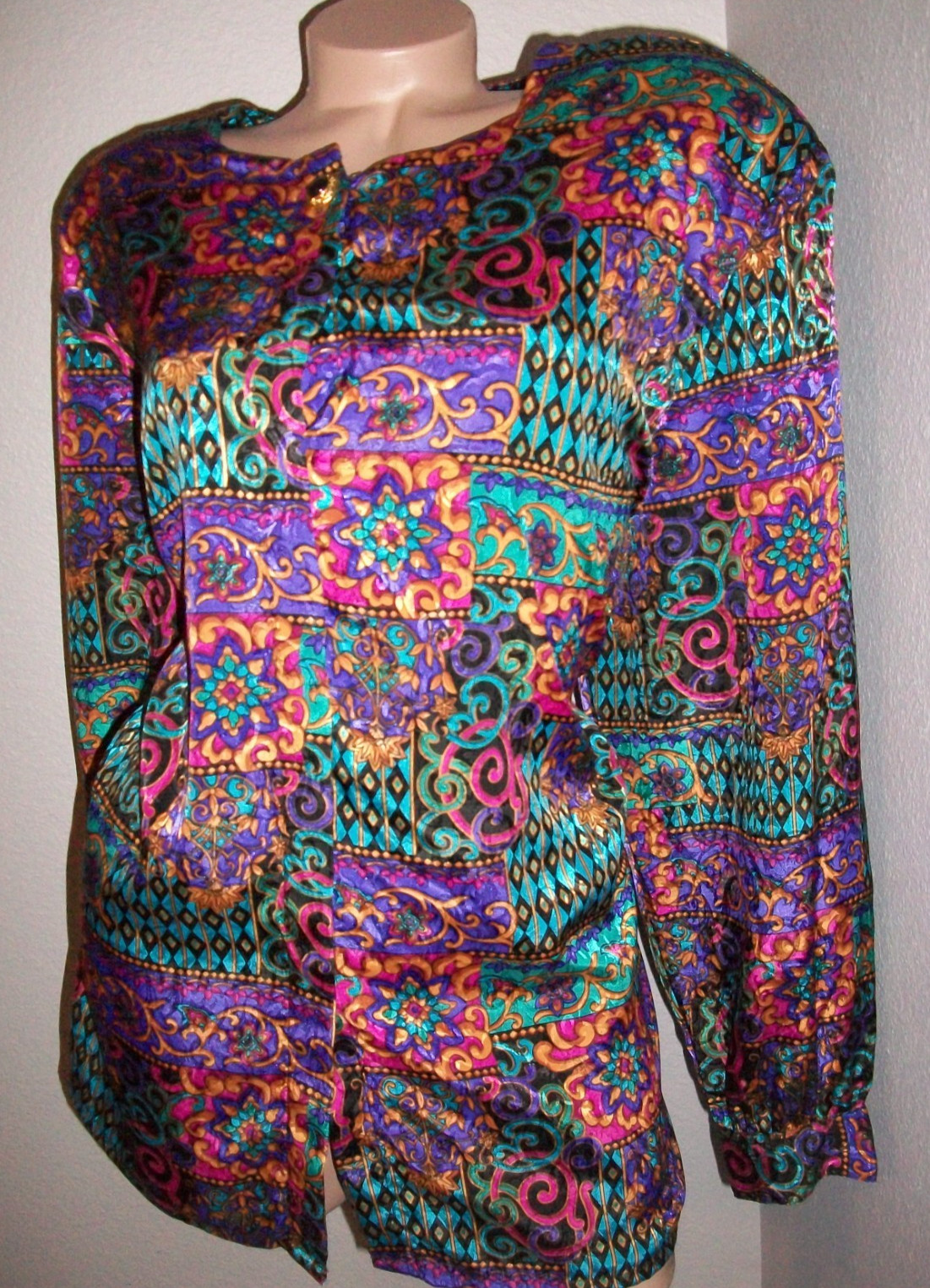 Vtg Purple Teal Long Sleeve Satin Blouse Top Shirt 44 46