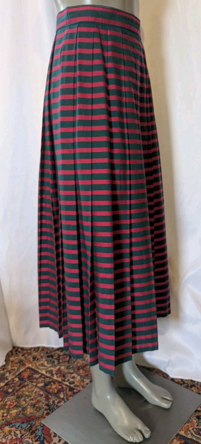 Vintage Cullinane Green Red Stripe Pleated Long Skirt w/Flower Closures 8/S