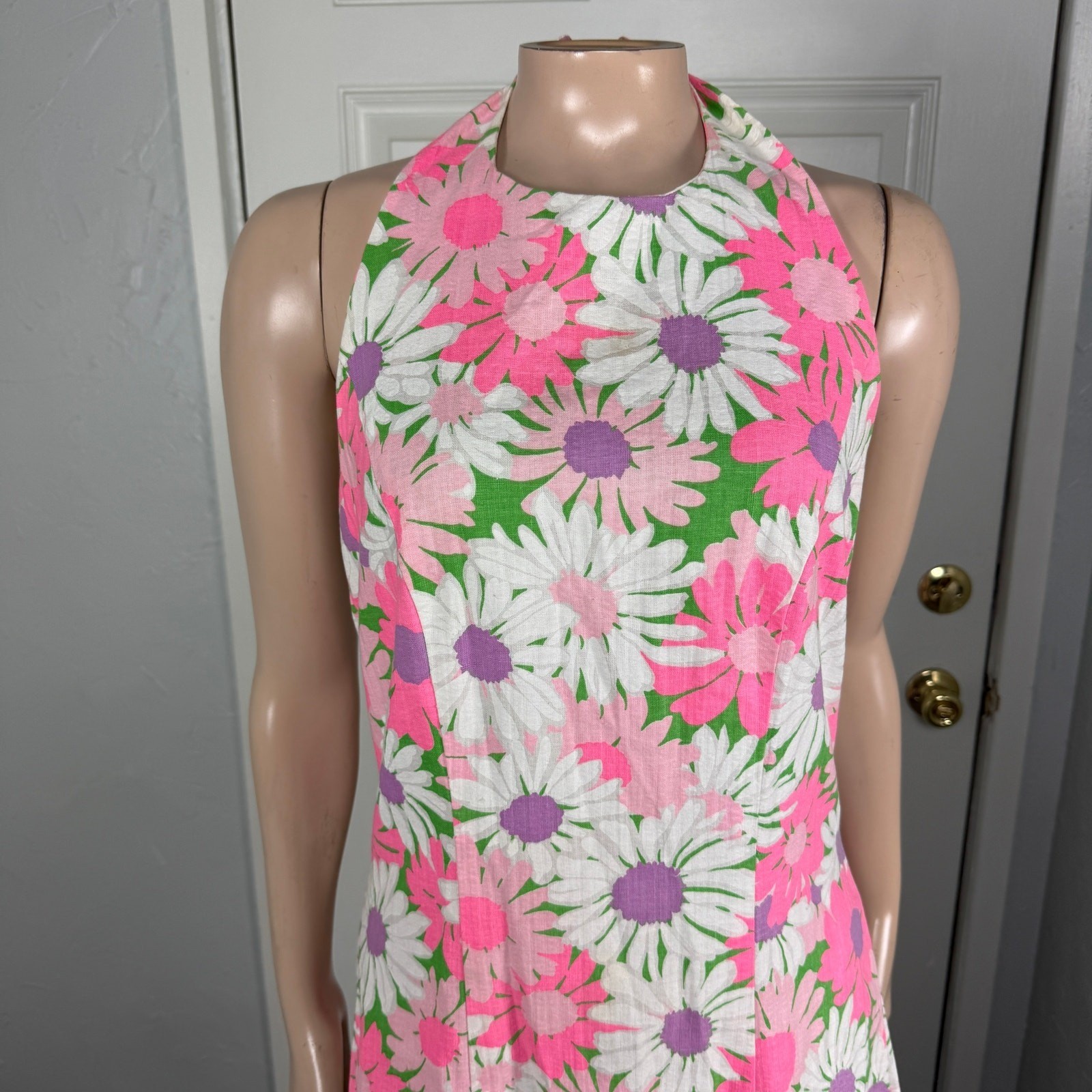 Vintage 70s Handmade Women&rsquo;s Dress Halter Floral 2 piece Set Bright Cotton JJ5