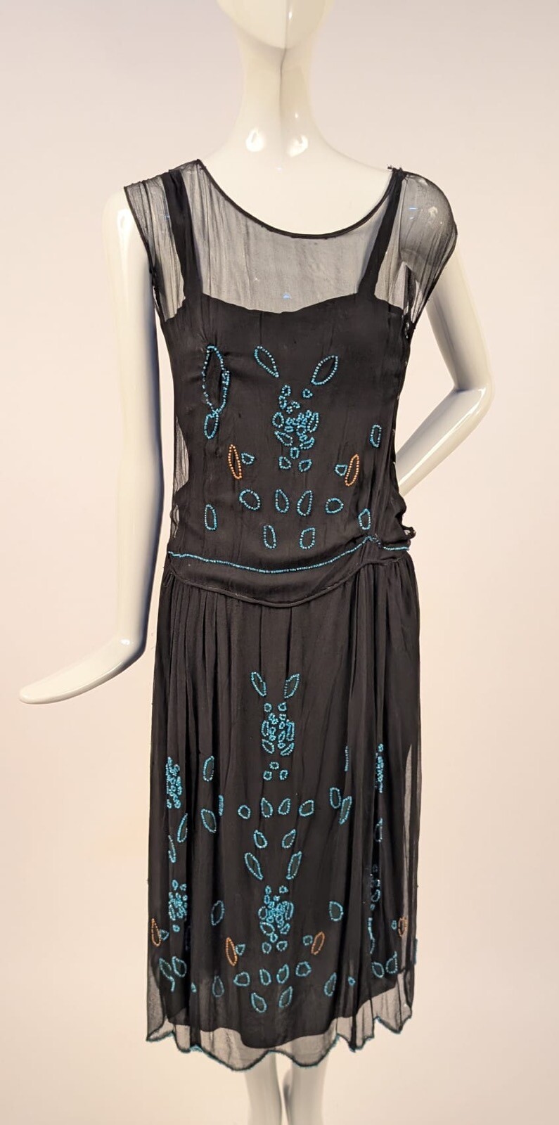 FLAPPER 1920’S SHEER SILK CHIFFON DRESS W BLUE GLASS BEADING