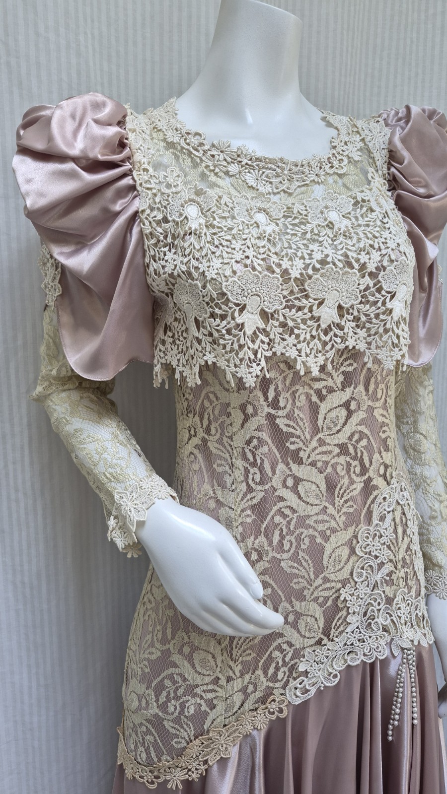 VTG 80s CACHET by Bari Protas Victorian Dusty Rose Satin & Lace Puff Slv Dress