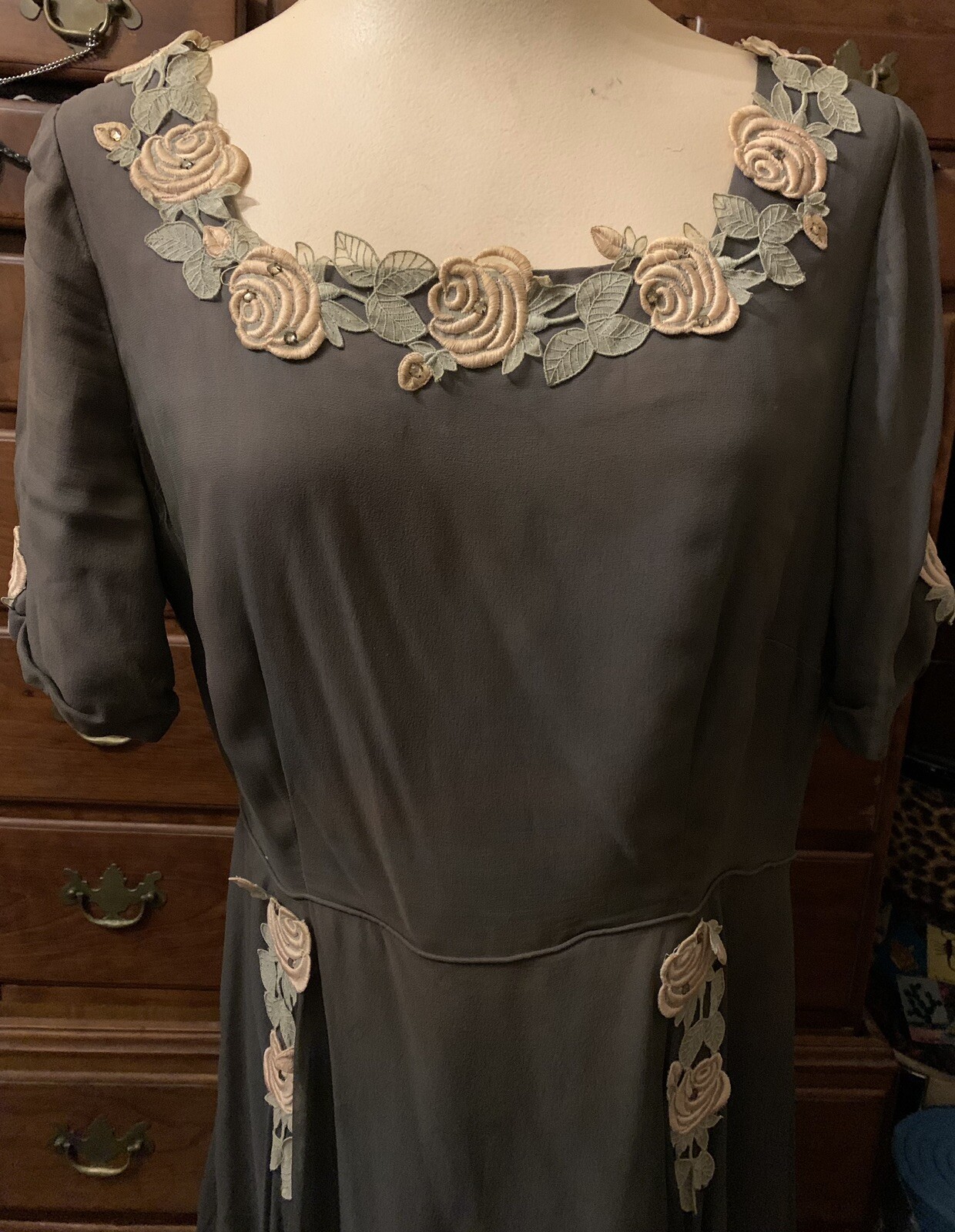 Vintge 50s John Richard custom gown with sheer green overlay and flower applique
