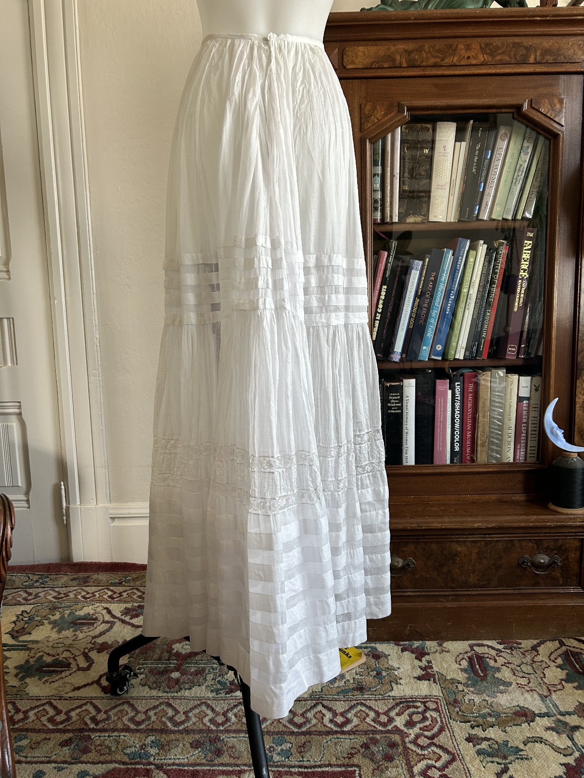 Antique Victorian Edwardian Cotton Lawn Skirt Sheer White Lace Petticoat VTG SM
