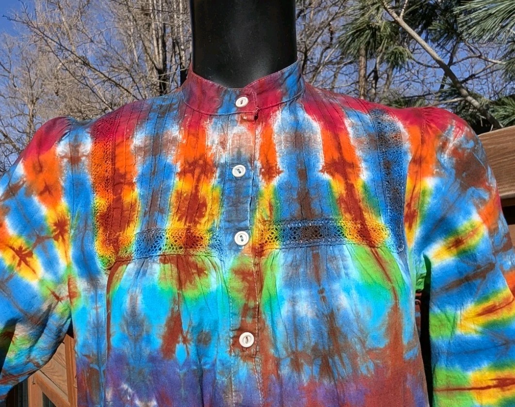 Vintage long sleeve cotton Tie Dye hippie festival dress sz L Aileen West