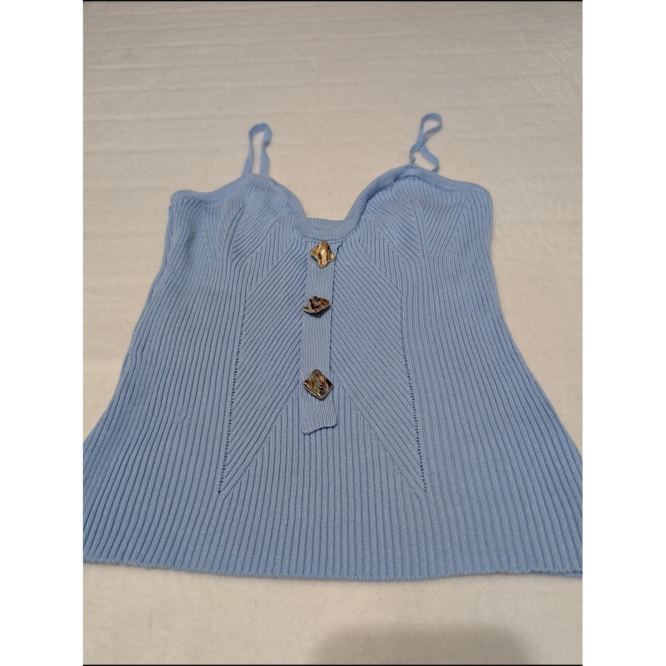 Light Blue Ribbed Knit Cami with Gold Accent Buttons Old Money Business Casual