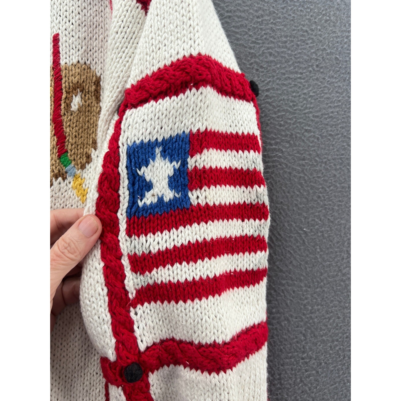 Vintage The Eagle&rsquo;s Eye Hand Knit Teacher School Cardigan Sweater Cream Red 1993