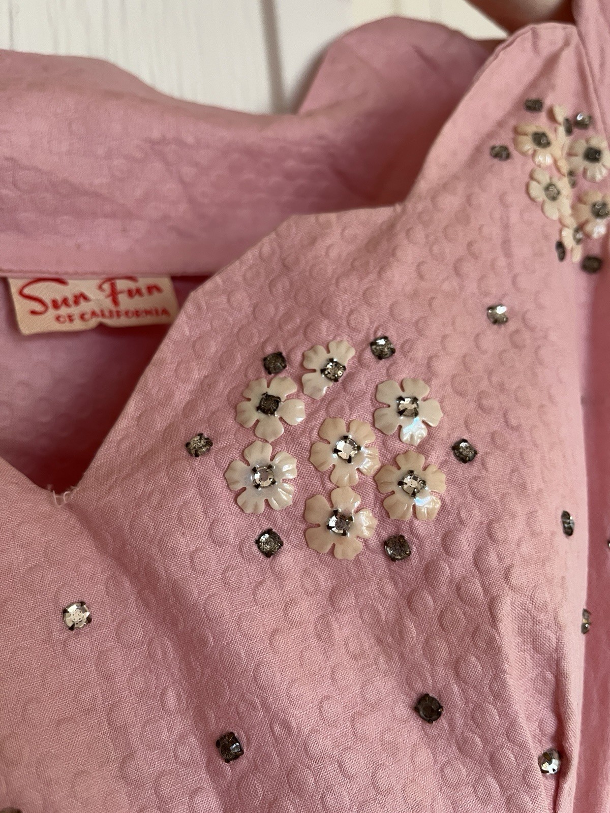 Orig 50s Pinup Dress Pink Cotton Rhinestone Swing Skirt Sun Fun California SM