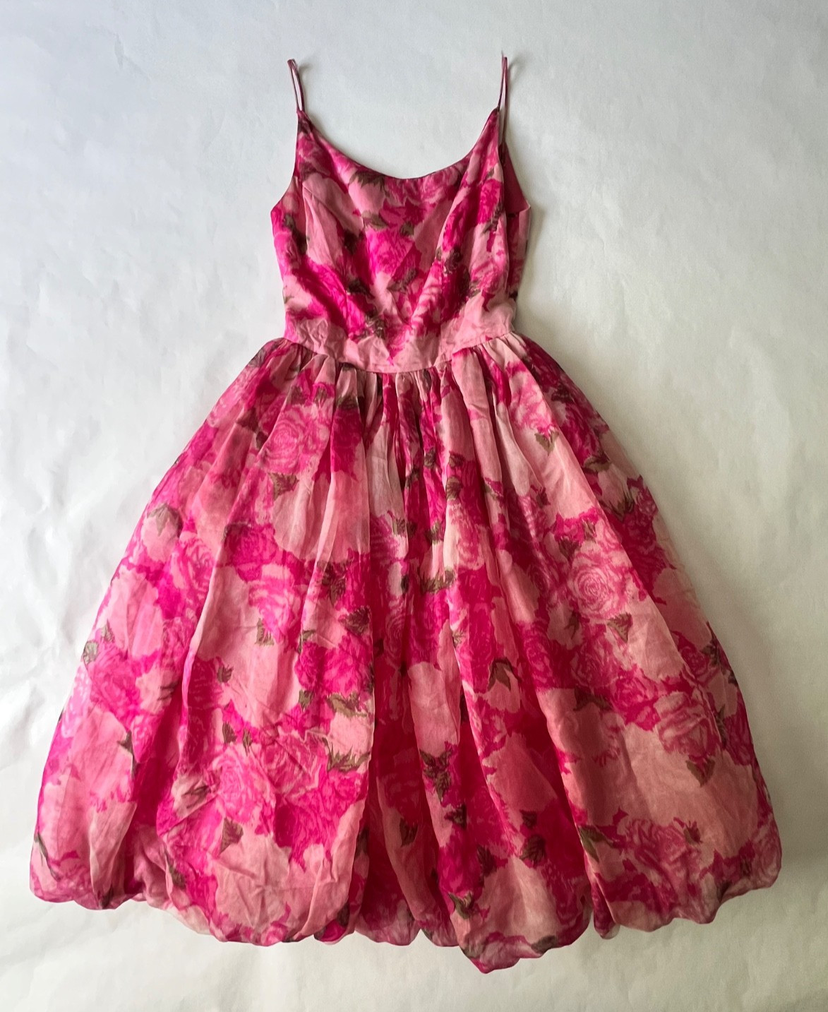 VTG 50&rsquo;s Saks Fifth Avenue Pink Floral Bubble Hem Dress SZ XS/S 24 inch Waist