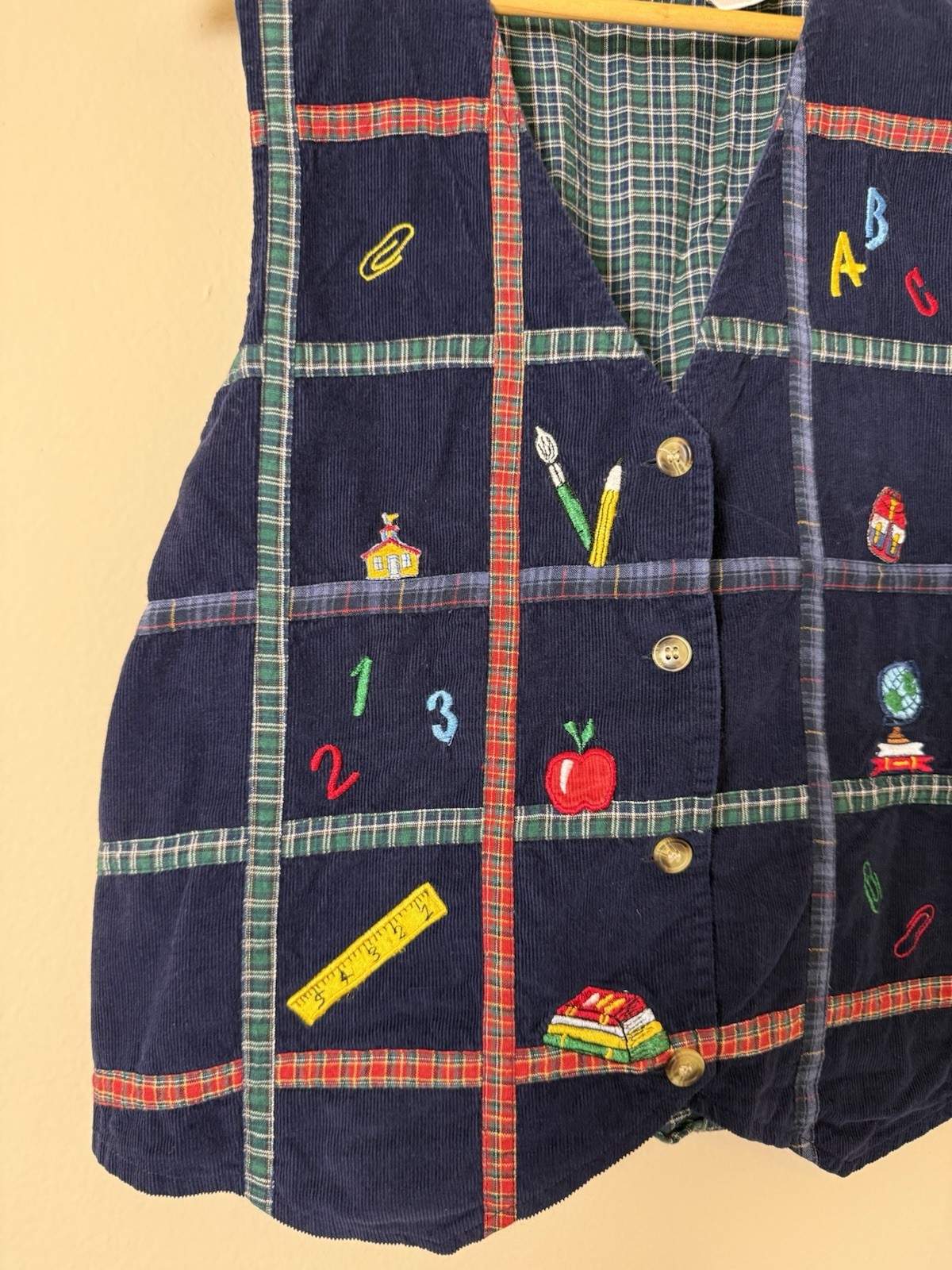 VTG 90s School Teacher Embroidered Plaid Detail Button Vest Pencils Apples Large