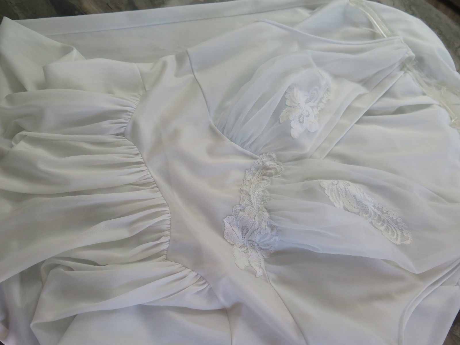 VTG Vanity Fair Sheer Chiffon Negligee Nightgown Blue Lace Bust Sz 36 Tricot