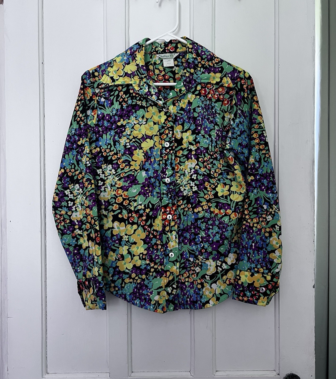 Vintage 70s Sears Jr Bazaar Polyester Floral Long Sleeve Button Up Shirt Size 9