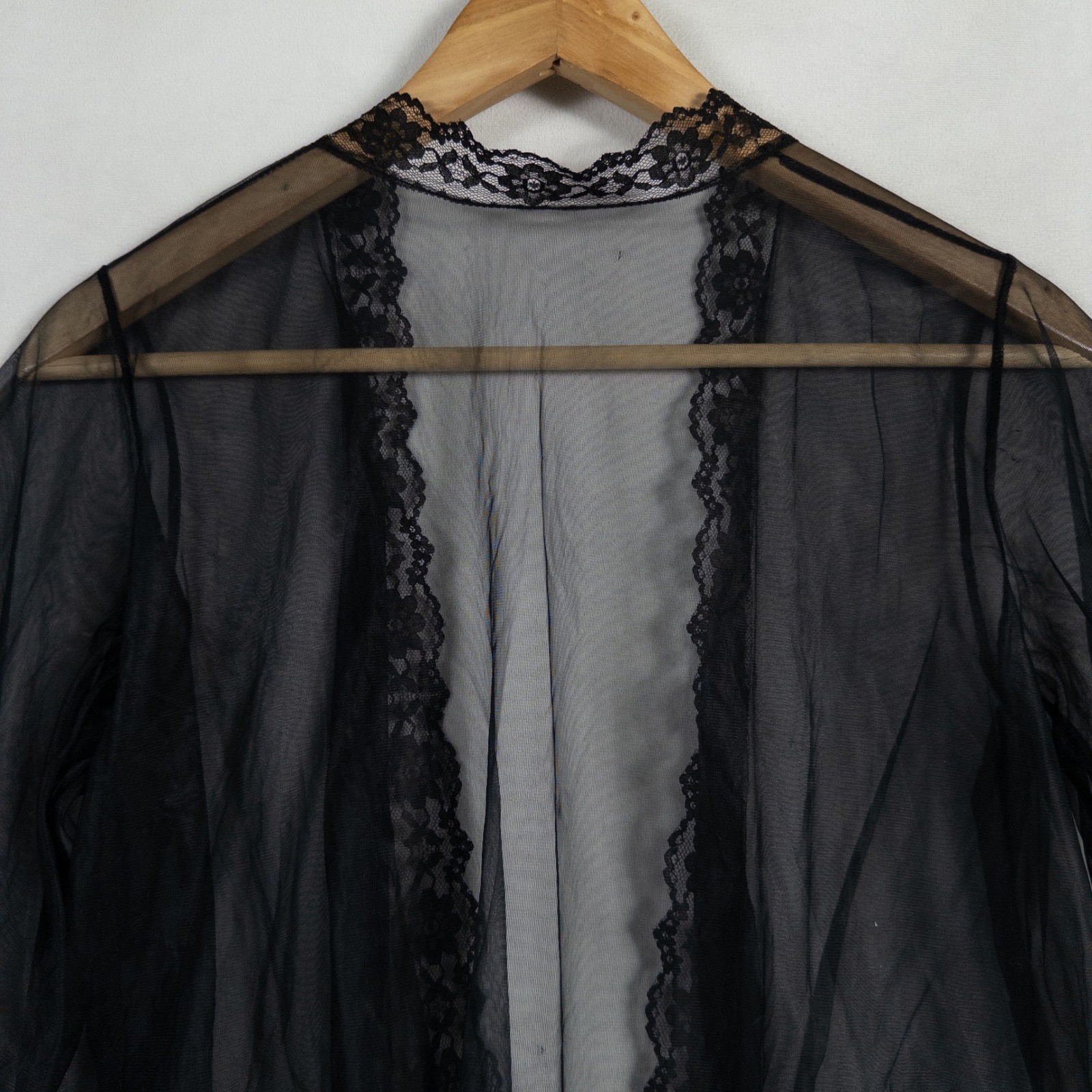 Vintage Made In California Lingerie Topper Kimono Sz Small Black Sheer Lace Trim