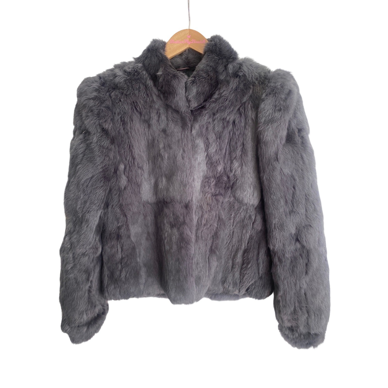 Vintage Gray Rabbit Fur Jacket Cropped Stand Collar Quilted Lining Gray Small