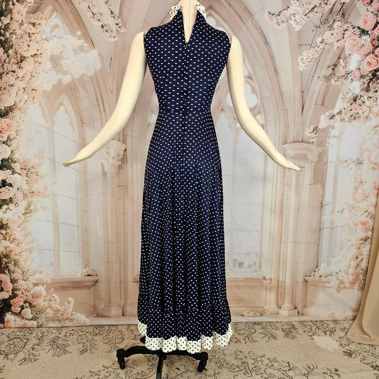 Vintage 1970s Dress Navy Blue White Hearts Ruffle Sweetheart Neckline Maxi
