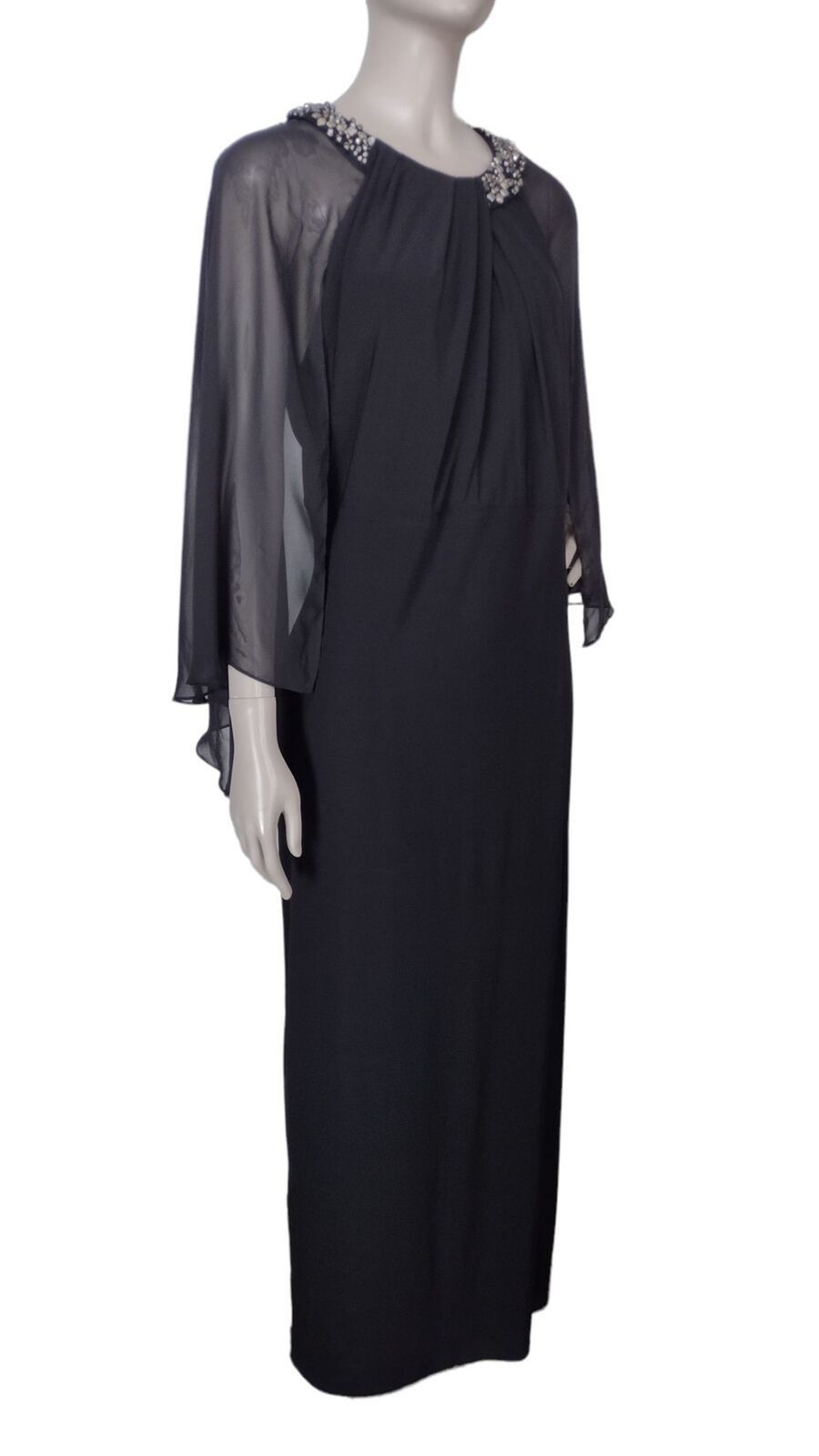 Vintage Scarlett Black Beaded Elegant Flowy Sheer Capelet Slit Formal Maxi Dress