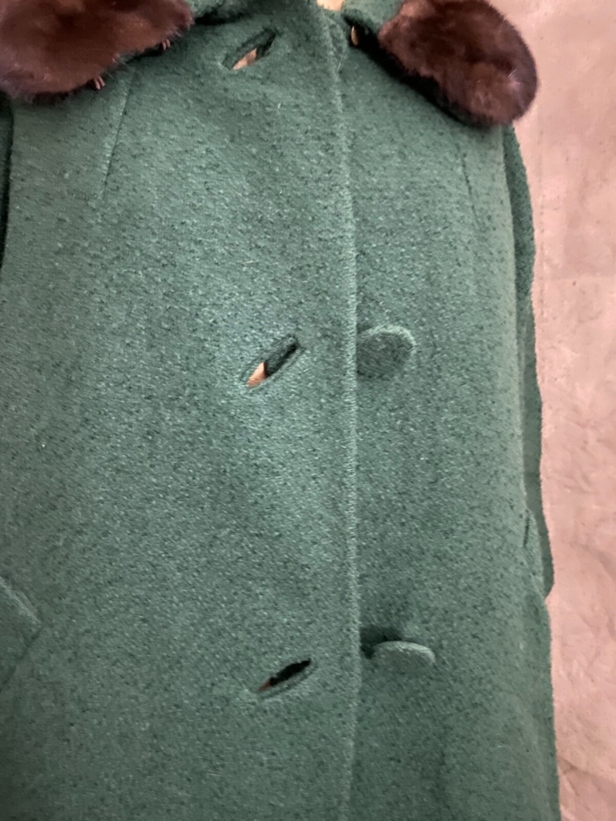 Vintage FOREST GREEN BOILED WOOL Coat MINK FUR COLLAR Copper Satin Lining M