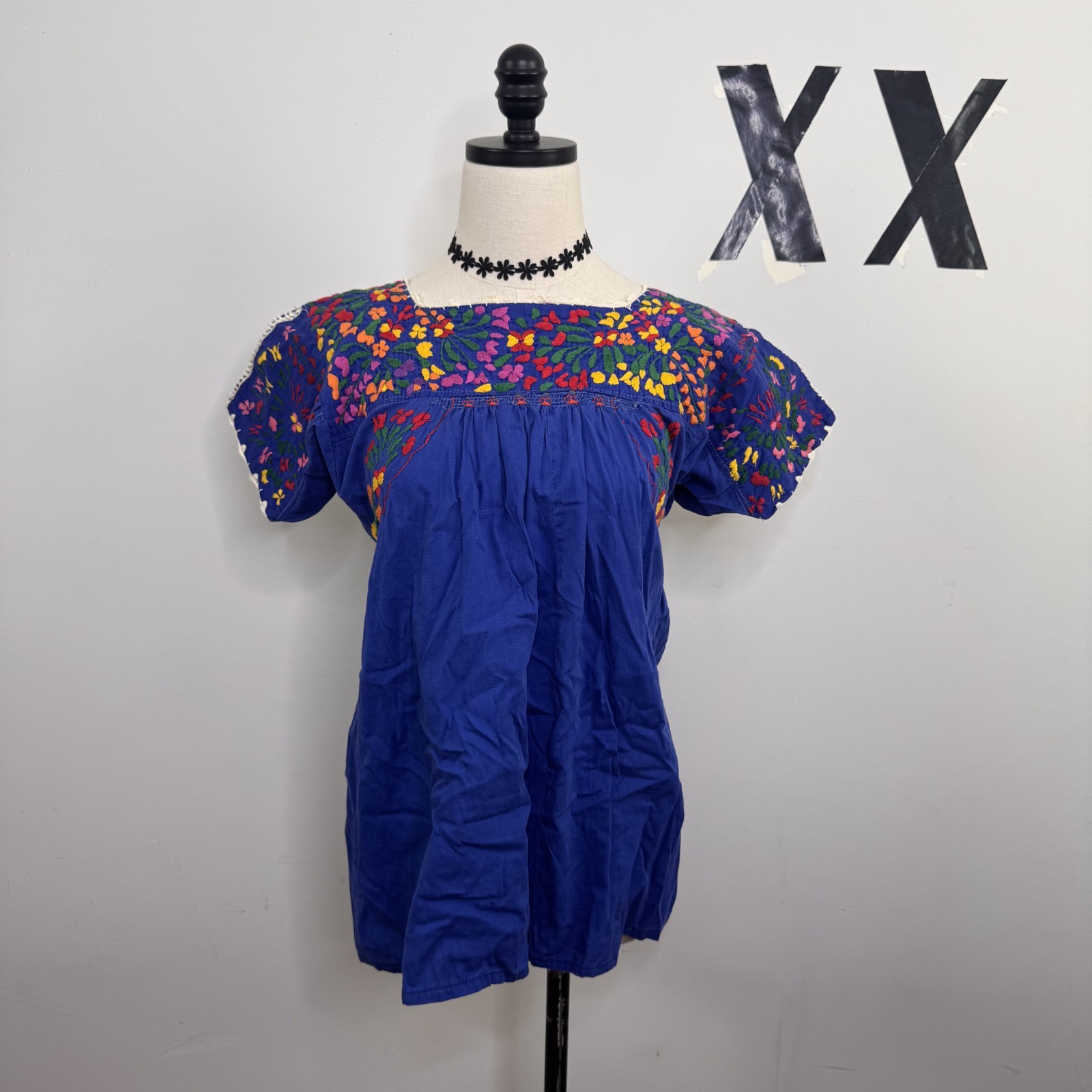 Rare Vintage 70s Oaxaca Blue Mexican Floral Embroidered Tunic Top S
