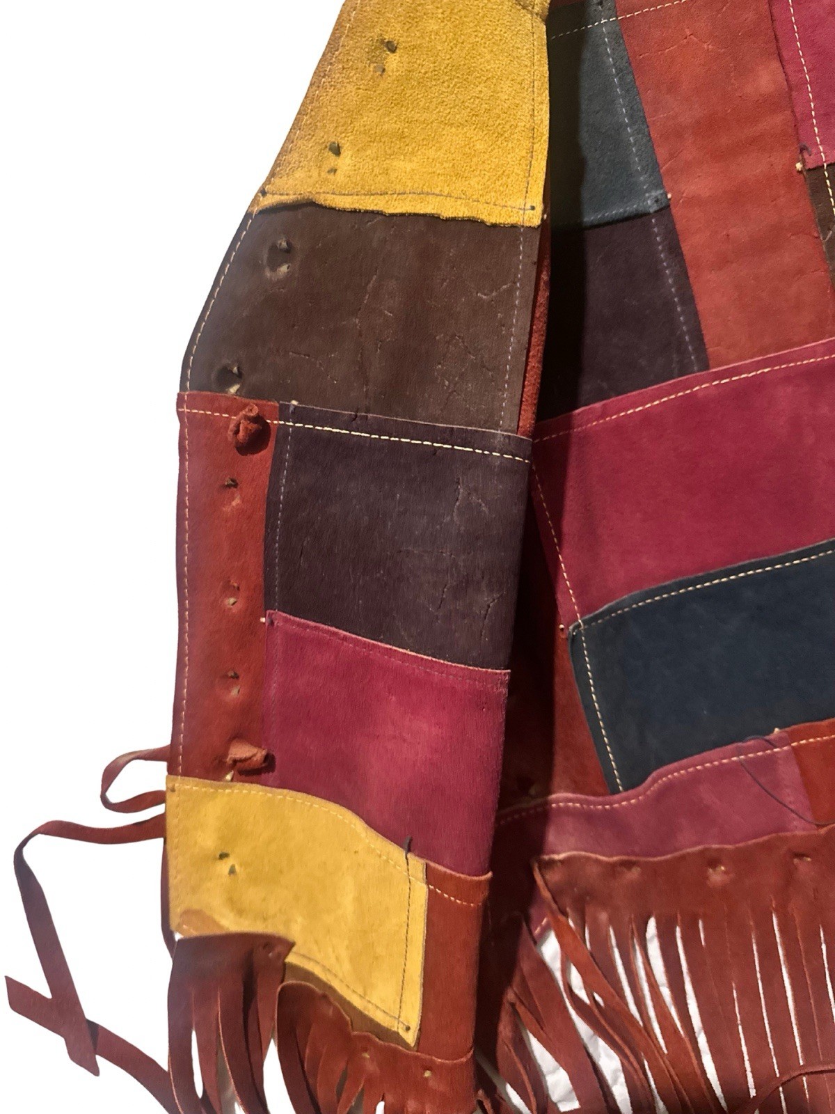 VINTAGE 1968 MONICA CANADA Suede Patchwork Fringe Vest Woodstock Hippie Rocker S