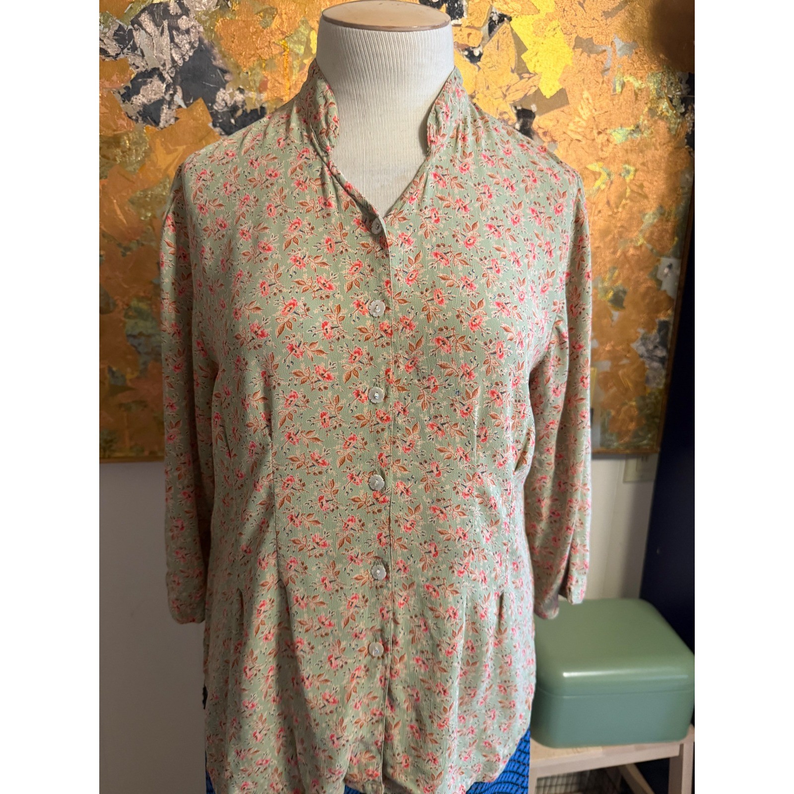 April Cornell Cottagecore Vintage Mini Floral Blouse Diamond Button M