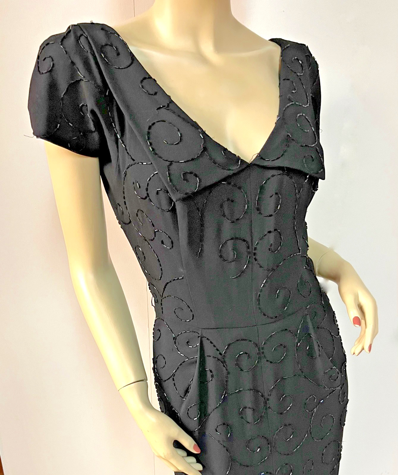 Vintage 1950s Cuffed Cleavage Black Beaded Side Zipper Cocktail Dress Bust 34