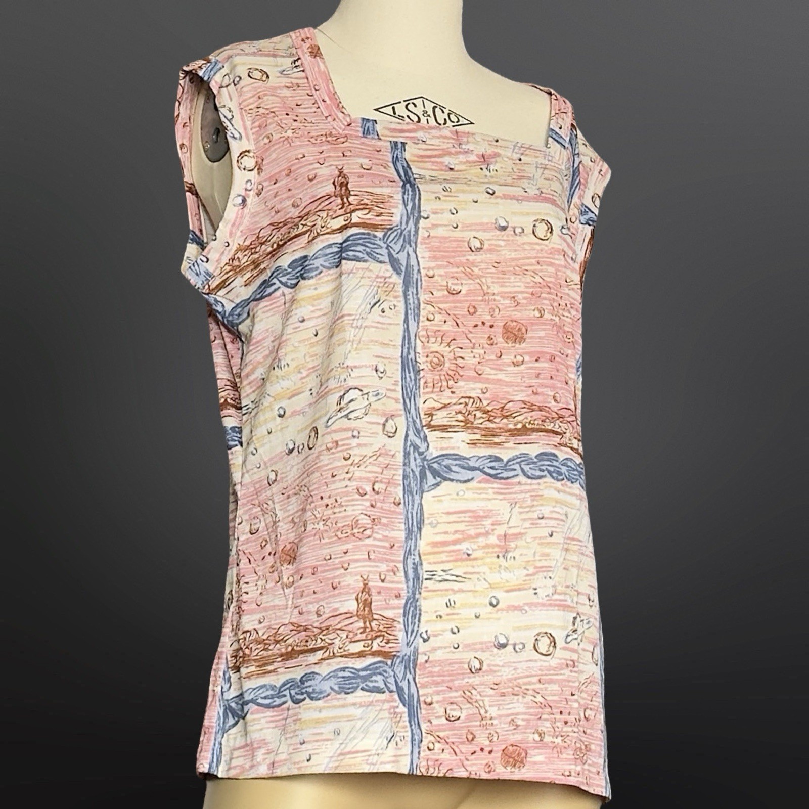 1970s Poly Novelty Sci-Fi Spaceship Print Sleeveless Vintage L Top Sony Studios