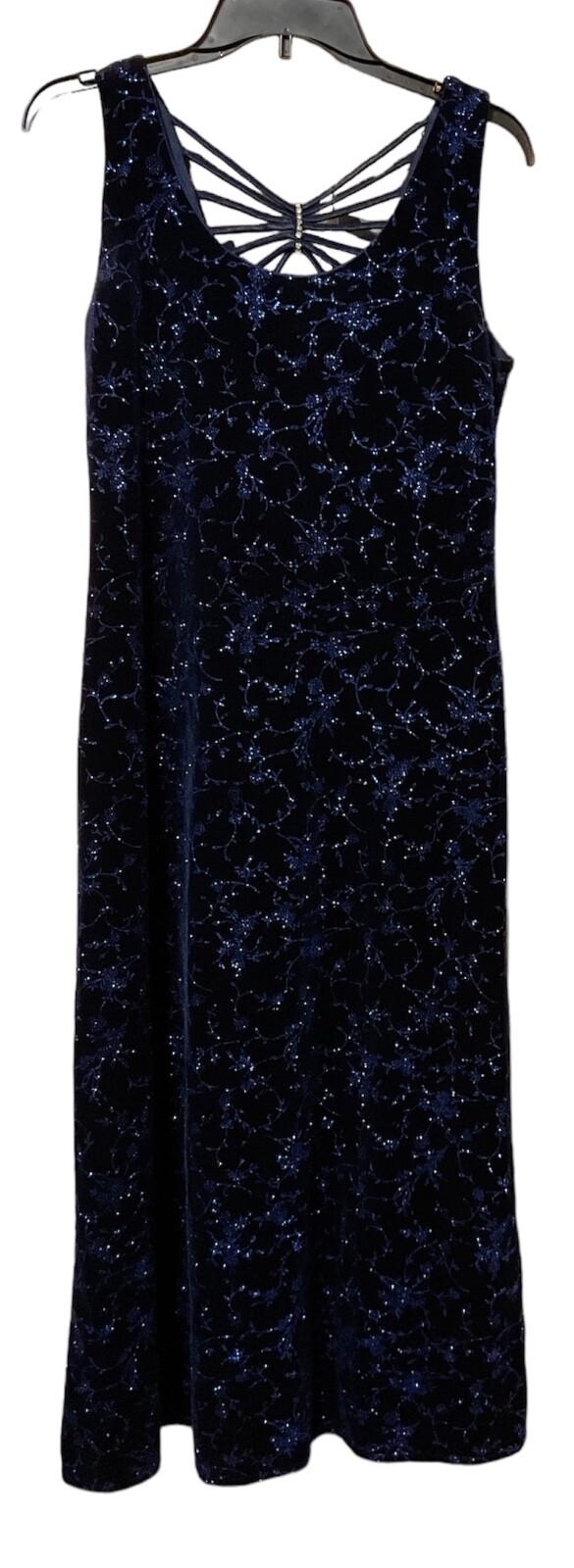 Vintage Dress Size 12 Petite Long Velvet Column Dark Blue Glitter Strappy
