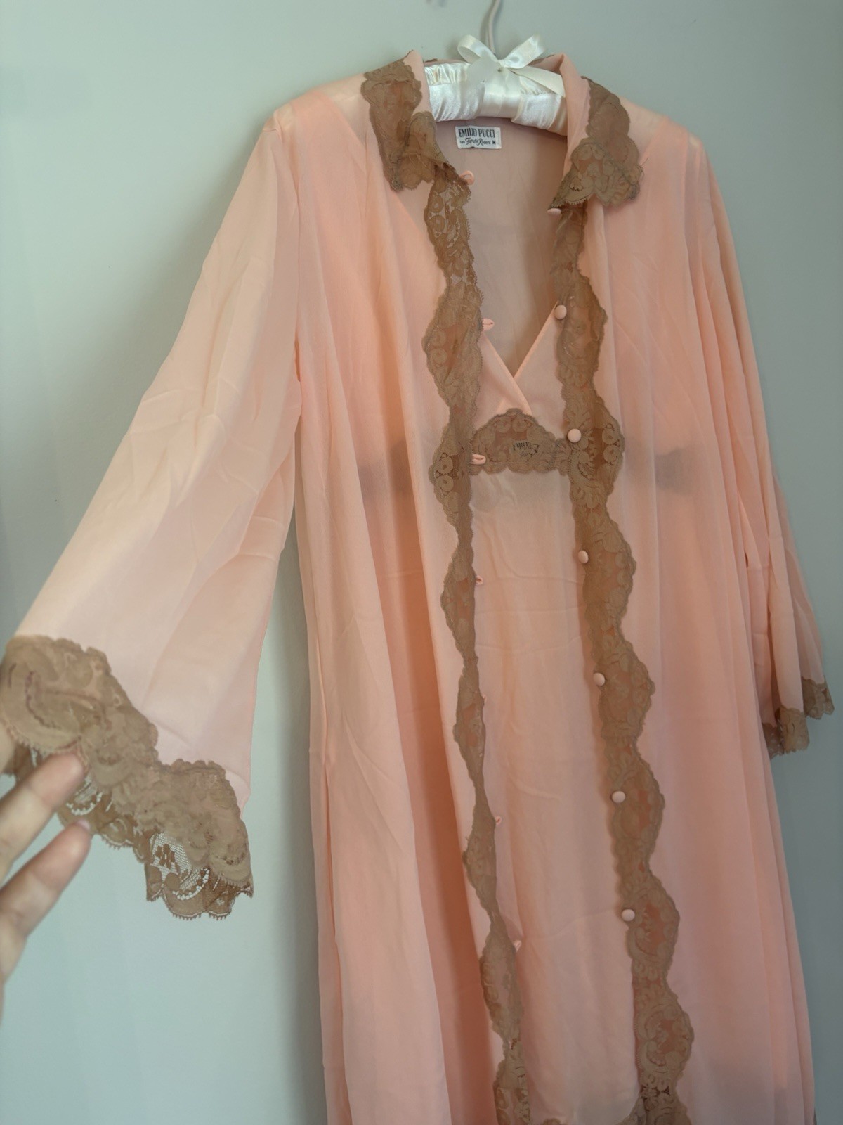 Vtg Emilio Pucci Formfit Rogers Pink Lace Nightgown Robe M medium Peignoir EUC