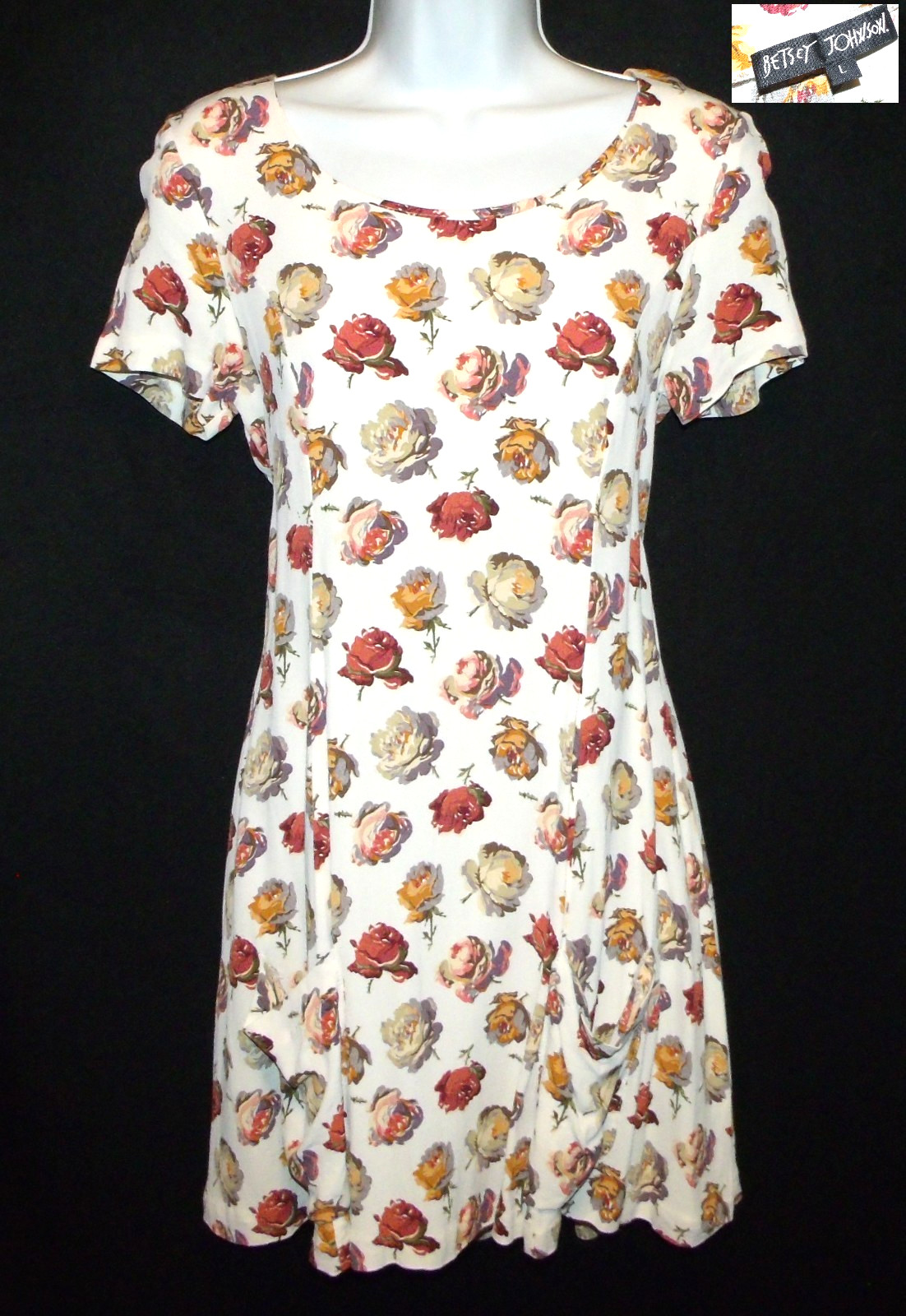 Vtg 1990s BETSEY JOHNSON rose print bias crepe mini babydoll grunge dress L s 4