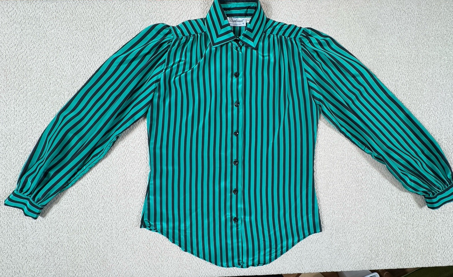 Vintage Pussy Bow Scarf Blouse Button Up Women&rsquo;s 8 Striped Green Made In USA
