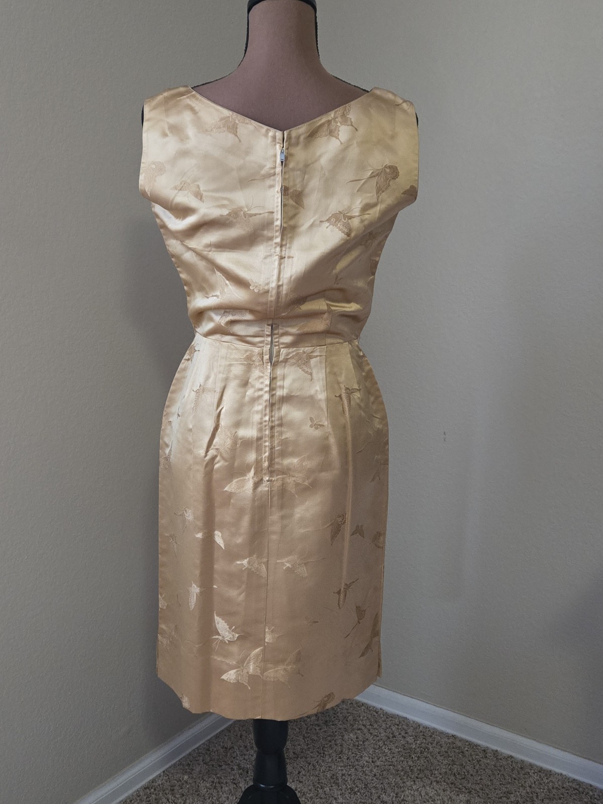 Dynasty Hong Kong Silk Sheath Dress Jacket Butterfly Sz 12 Gold Elegant MCM