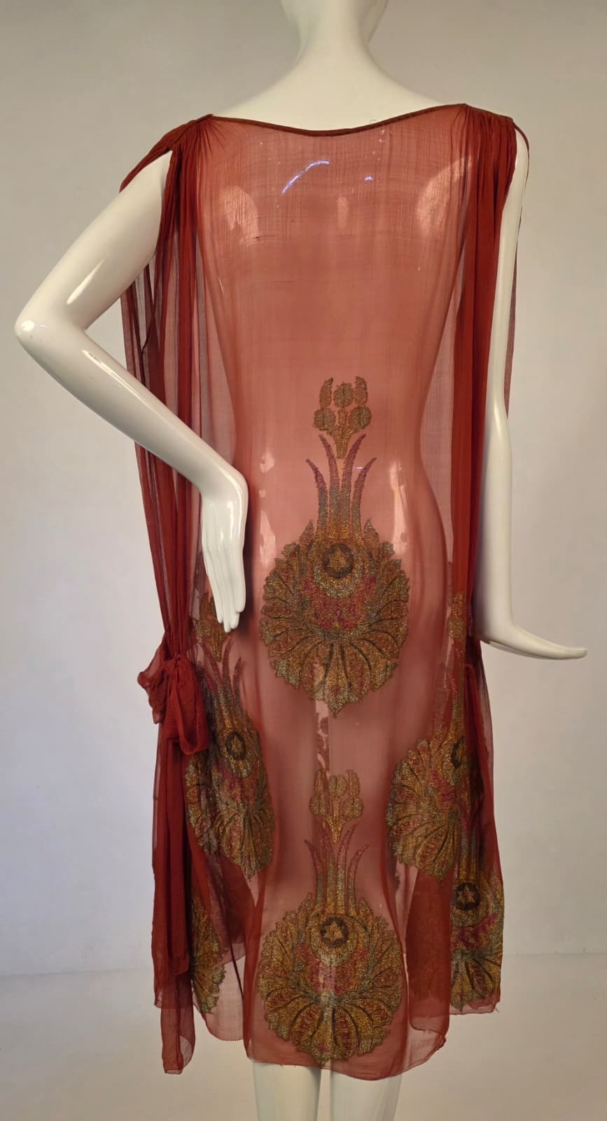 FLAPPER 1920’S RUST RED SHEER SILK CHIFFON DRESS W STAR GOLD LAME BROCADE DETAIL