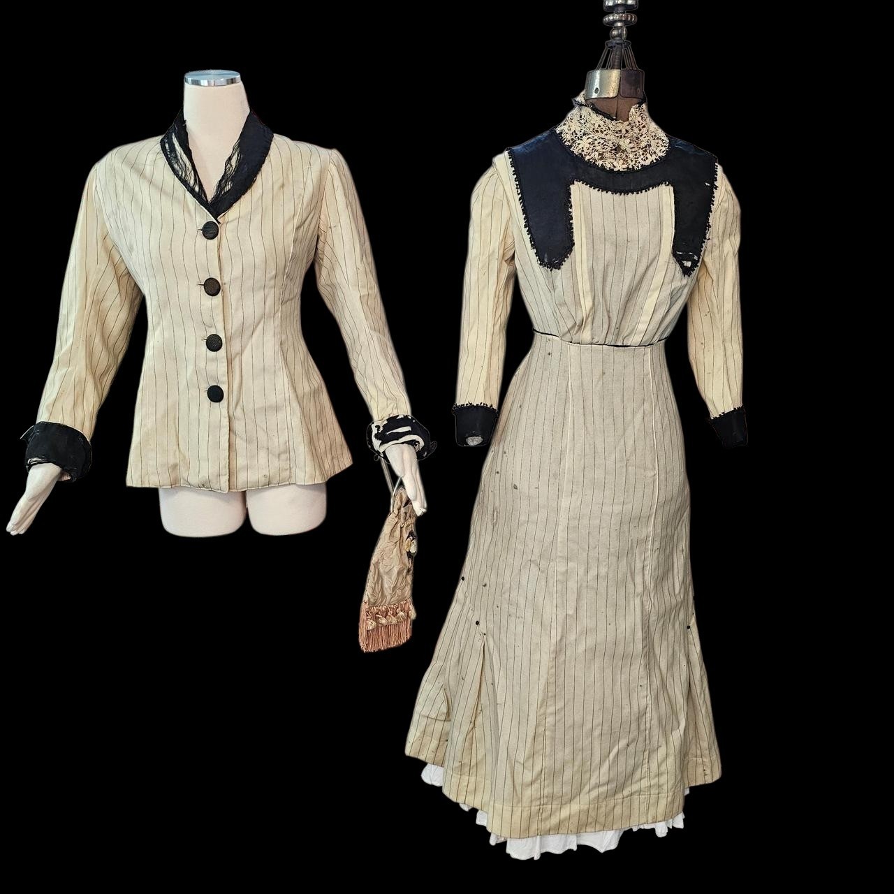 Antique Walking Suit 2 Pc Cream Pinstripe Purse Dress Black Trim Blazer Jacket