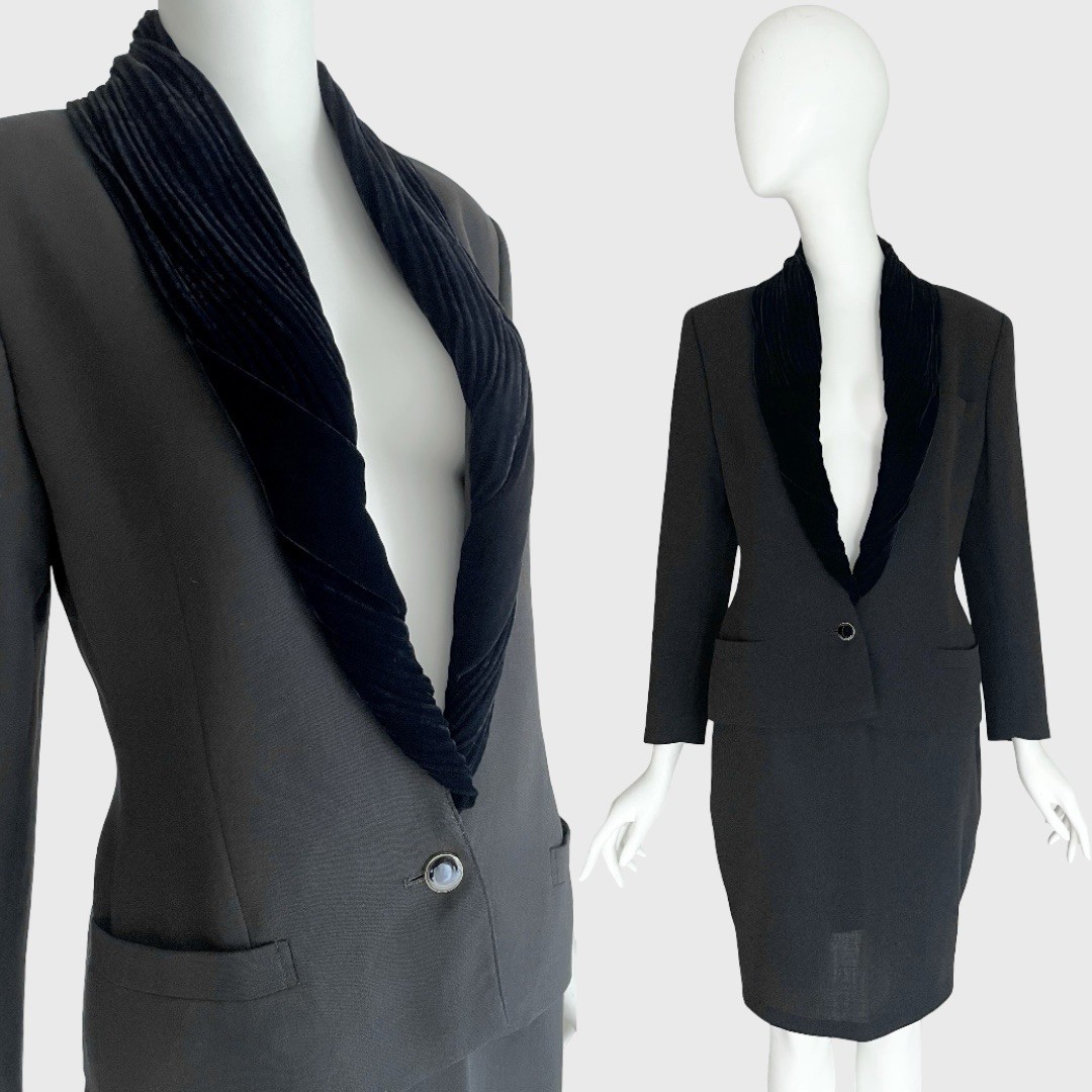 Vintage 1980s Gianni Versace Black Wool Velvet Twist Trim Skirt Suit Set Jacket