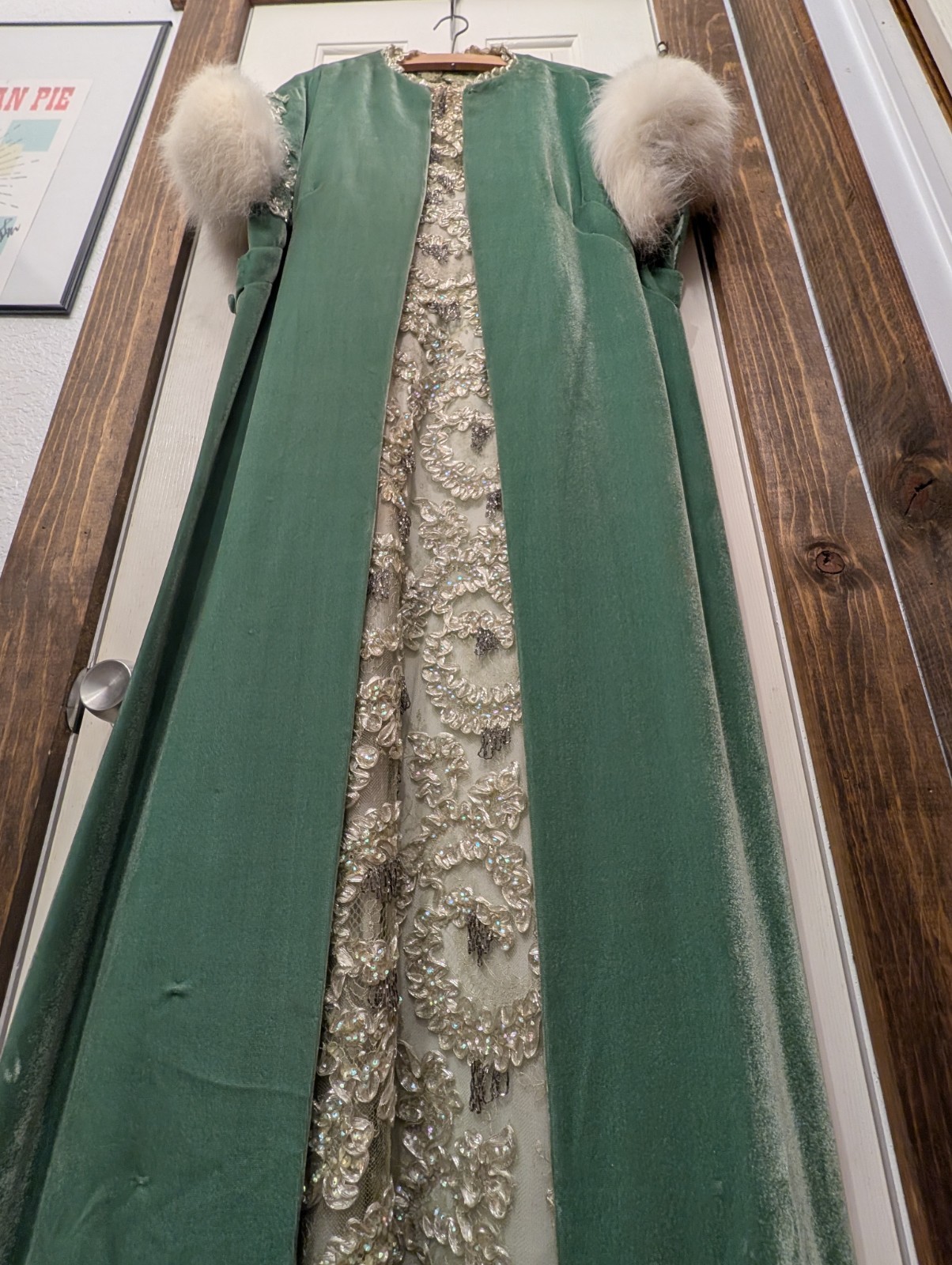 Vintage Handmade Green Beaded Evening Gown Size 0 w/ Coat Fur Accessories AS IS